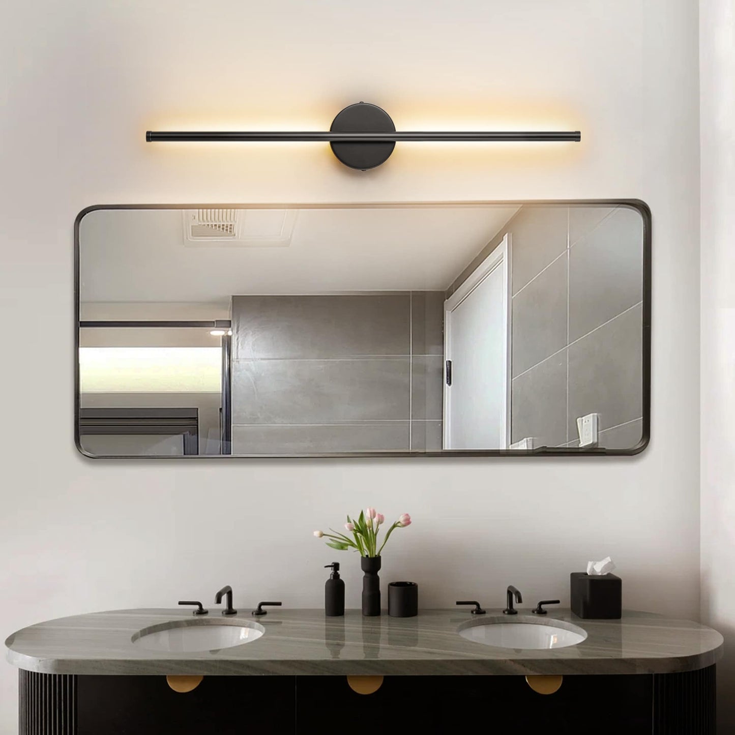 Applique murale linéaire moderne à 1 ampoule, noire/dorée/nickel, à LED, à intensité variable, pour salle de bain