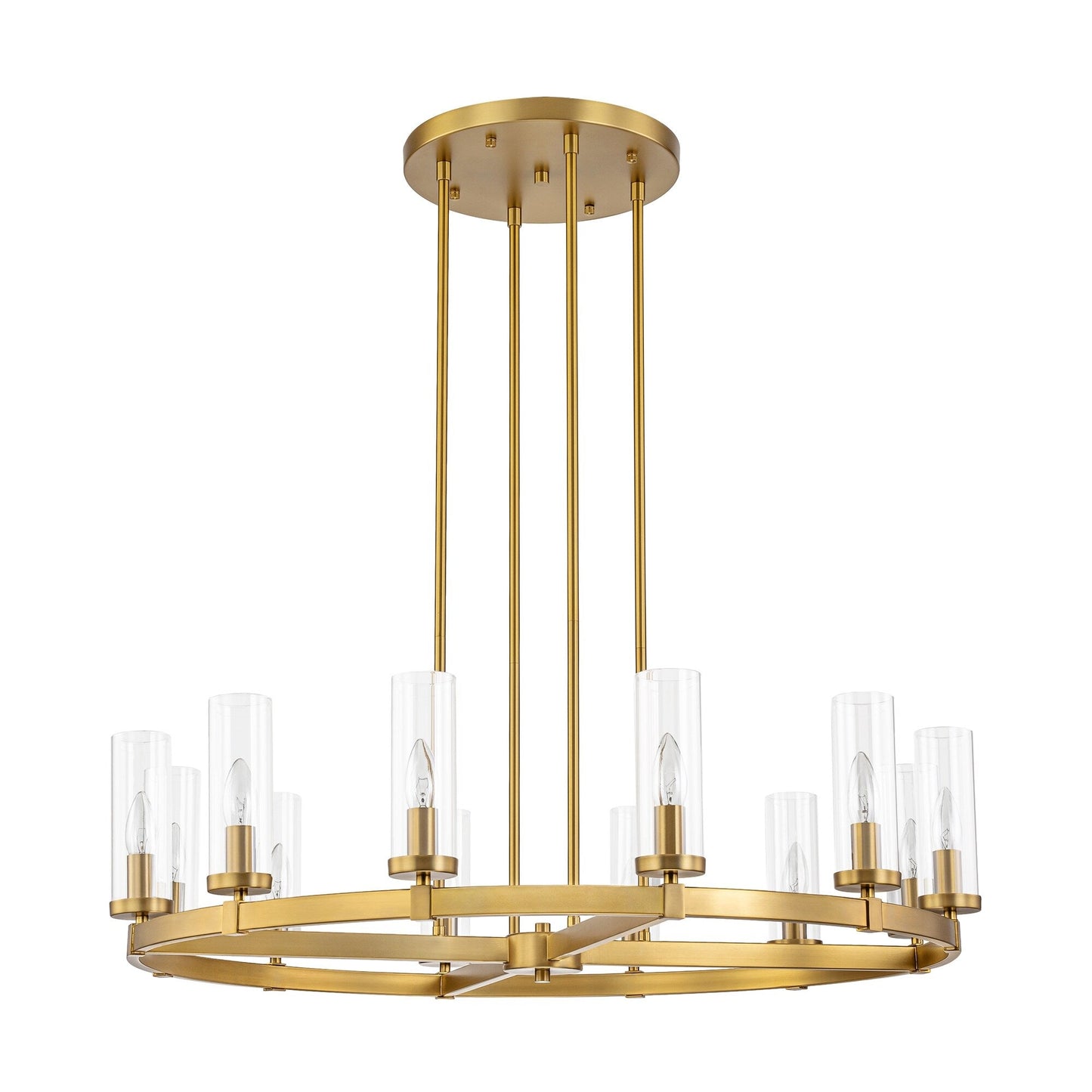 Lustre à 12 lumières en forme de roue de chariot, style moderne du milieu du siècle, en verre transparent, doré/noir, grand modèle