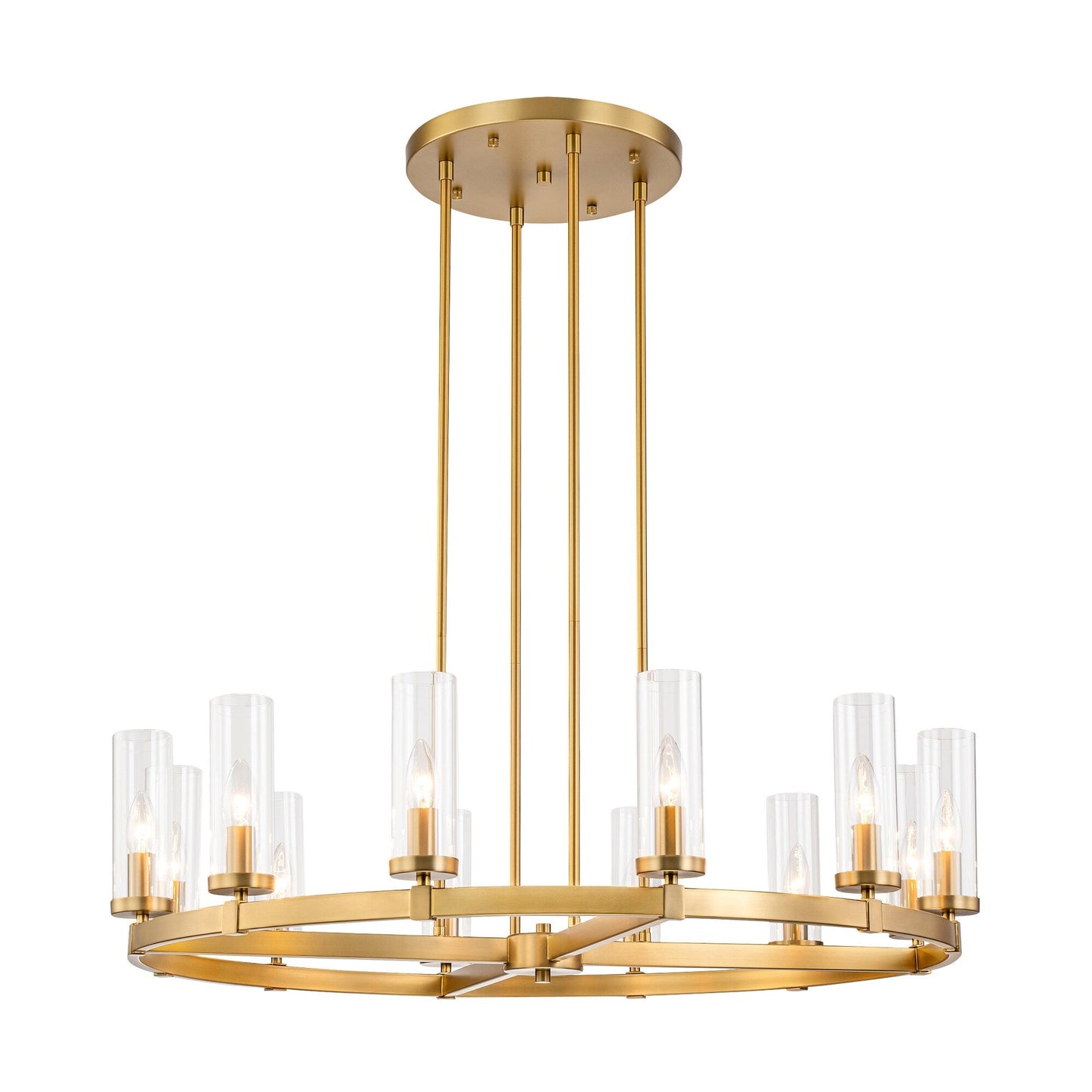 Lustre à 12 lumières en forme de roue de chariot, style moderne du milieu du siècle, en verre transparent, doré/noir, grand modèle