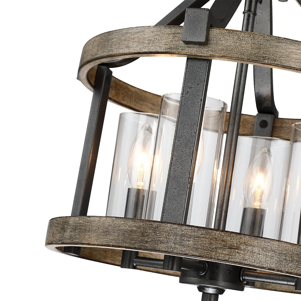 Plafonnier semi-encastré de style campagnard moderne, 4 lumières, 12,5 po, en fer naturel et imitation bois vieilli - 12,5 W
