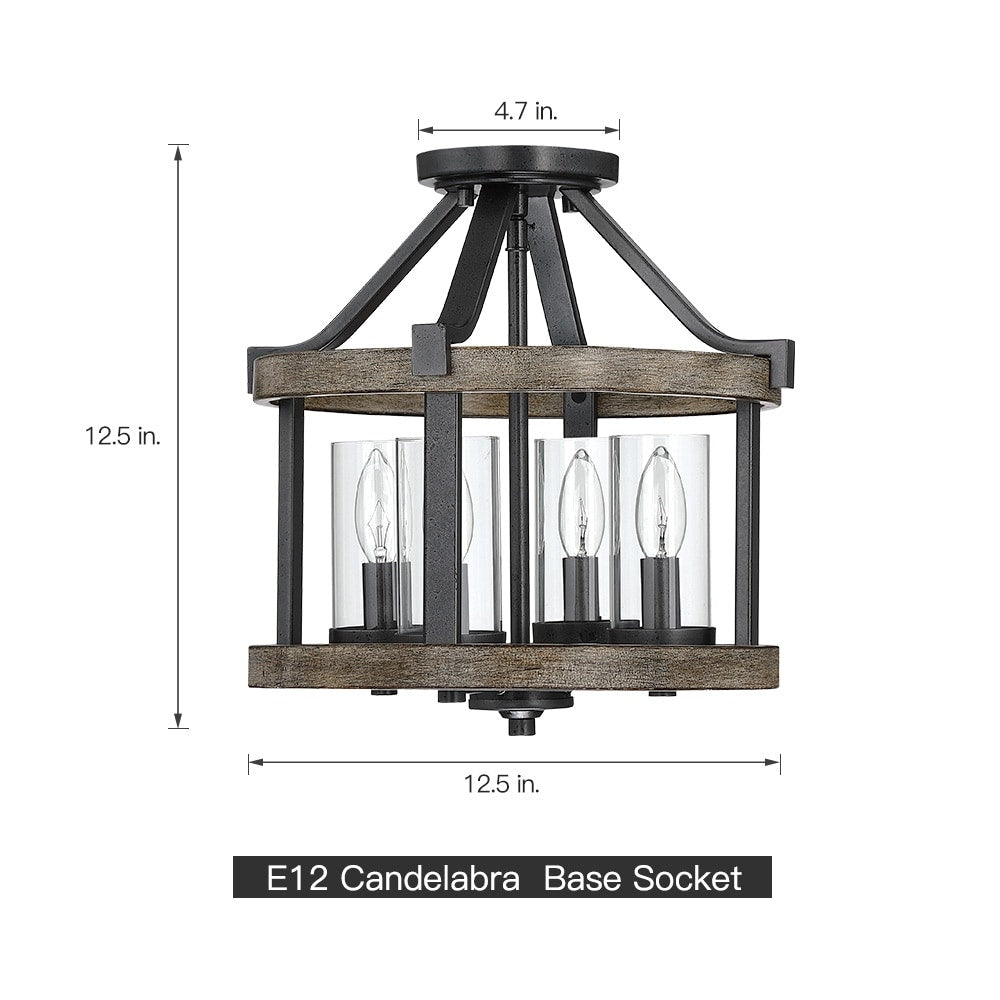 Plafonnier semi-encastré de style campagnard moderne, 4 lumières, 12,5 po, en fer naturel et imitation bois vieilli - 12,5 W