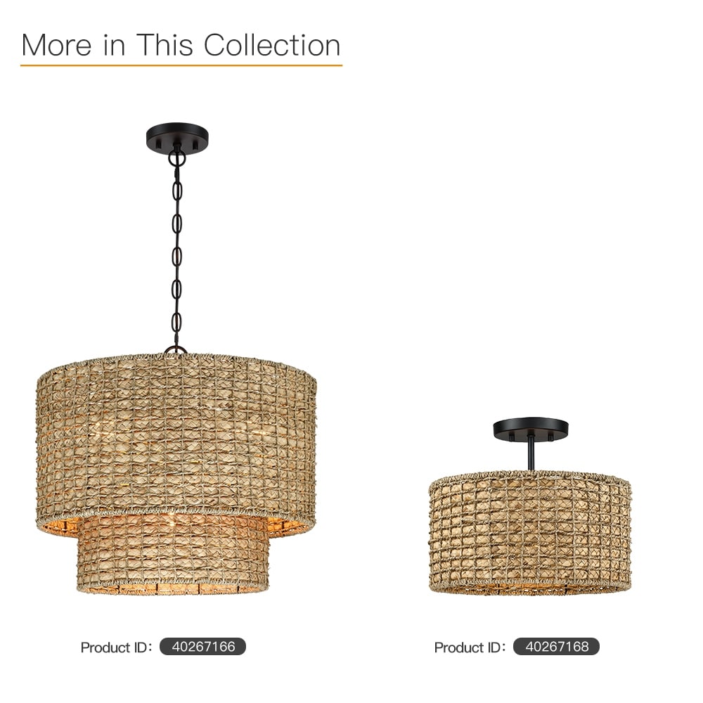 Plafonnier semi-encastré à 2 lumières en rotin naturel avec auvent noir - Noir/terre - Noir/paille - 34,5 cm de largeur