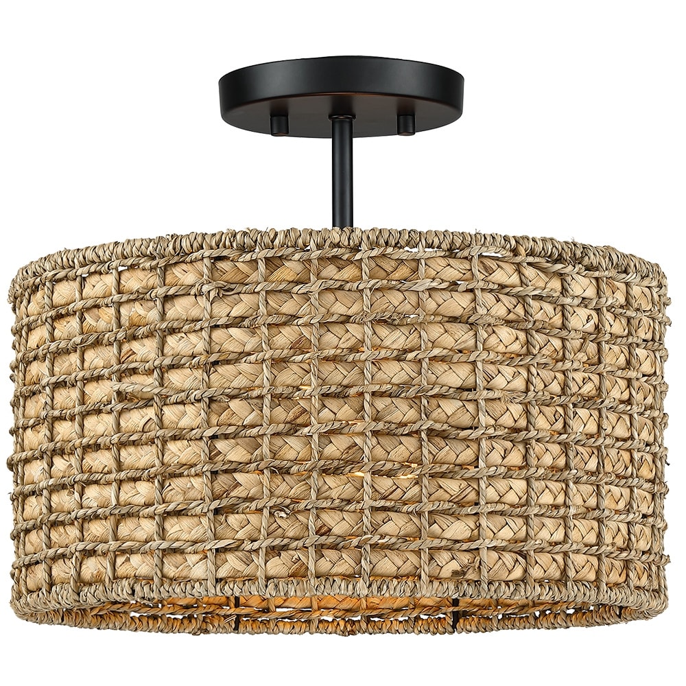 Plafonnier semi-encastré à 2 lumières en rotin naturel avec auvent noir - Noir/terre - Noir/paille - 34,5 cm de largeur