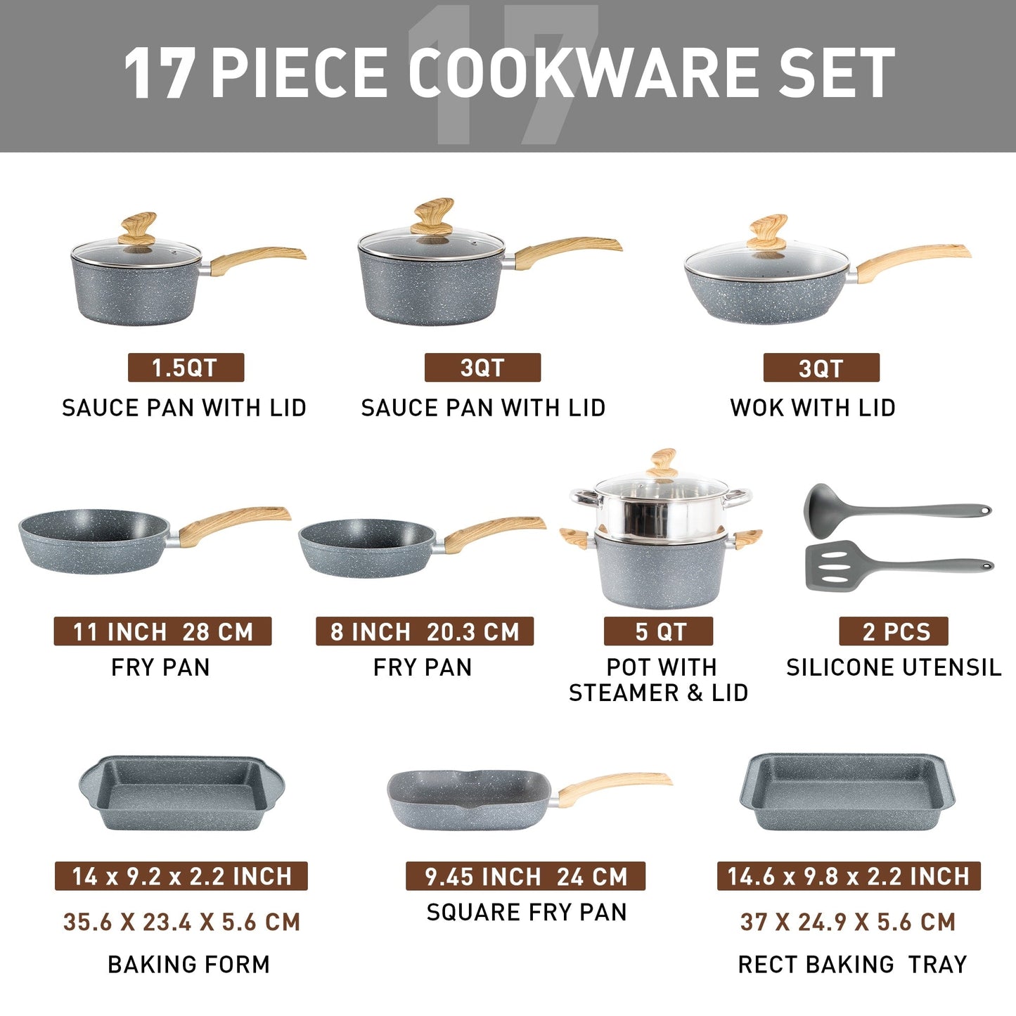 Batterie de cuisine en granit de 17 pièces, ensemble de casseroles et poêles antiadhésives