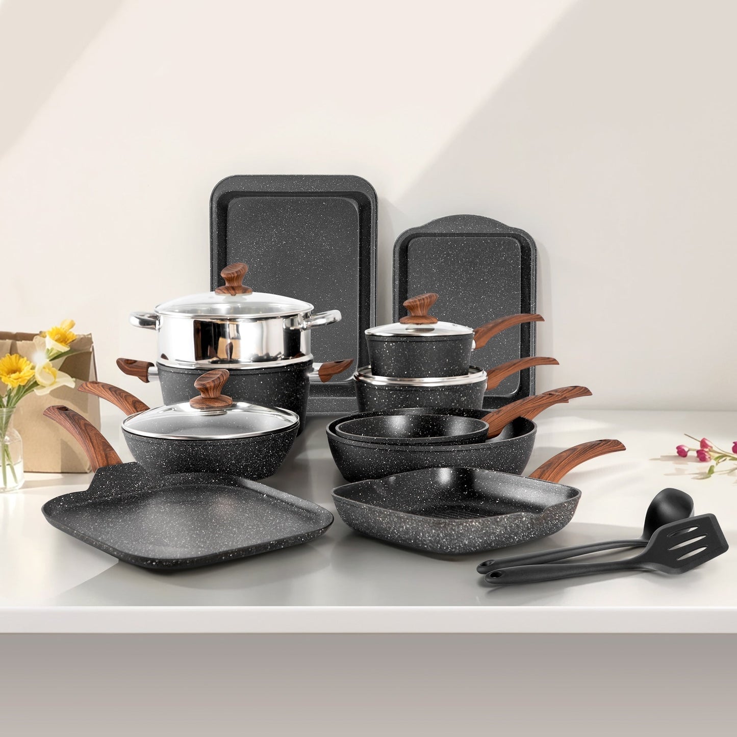 Batterie de cuisine en granit de 17 pièces, ensemble de casseroles et poêles antiadhésives