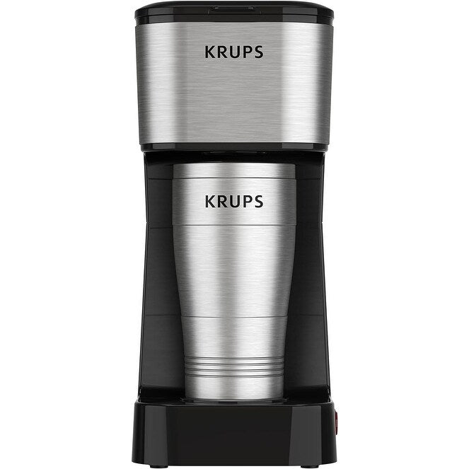 Cafetière à dose unique 2 tasses avec gobelet de voyage, 650 W, design compact en acier inoxydable