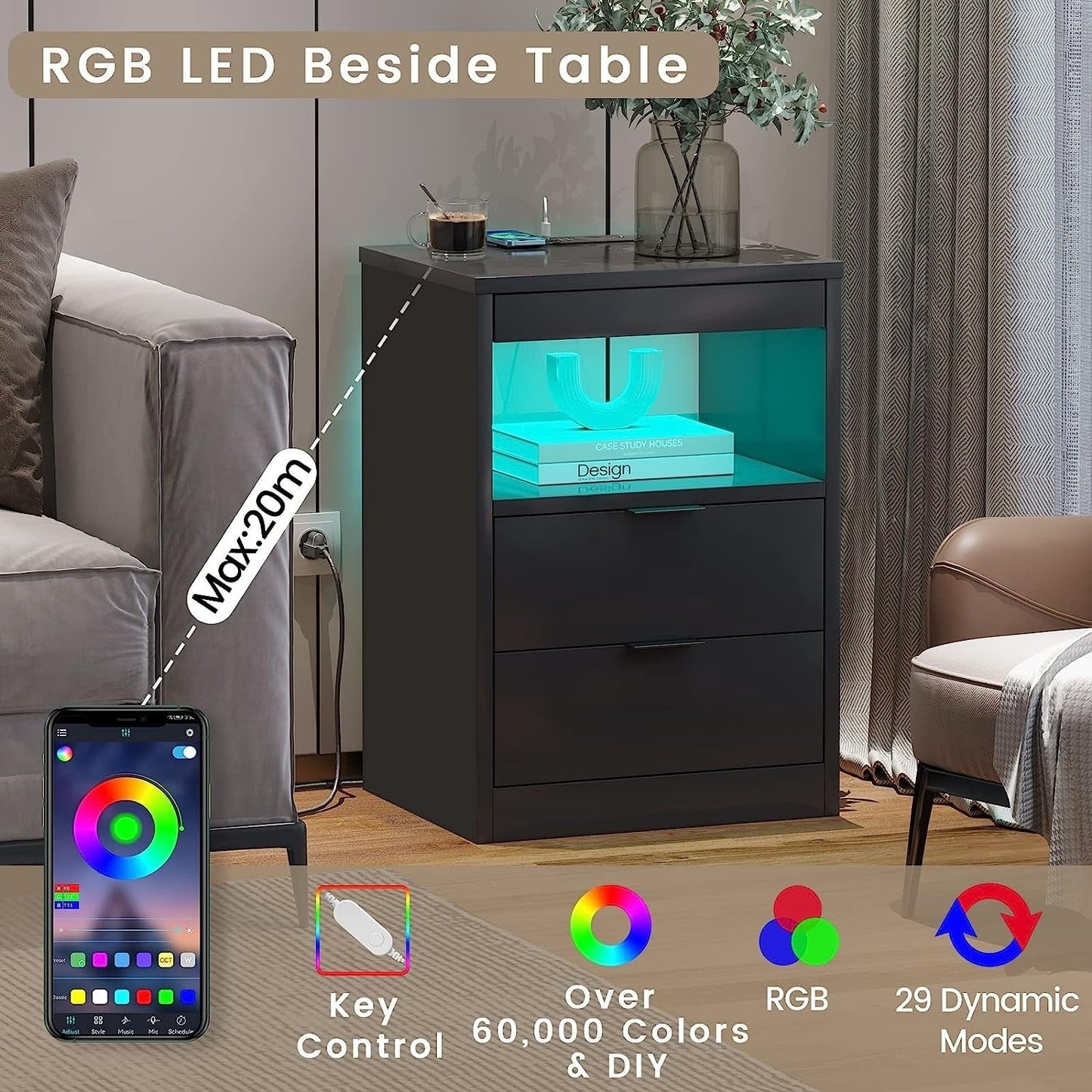 Table de chevet à 2 tiroirs avec LED, station de charge sans fil et étagère coulissante