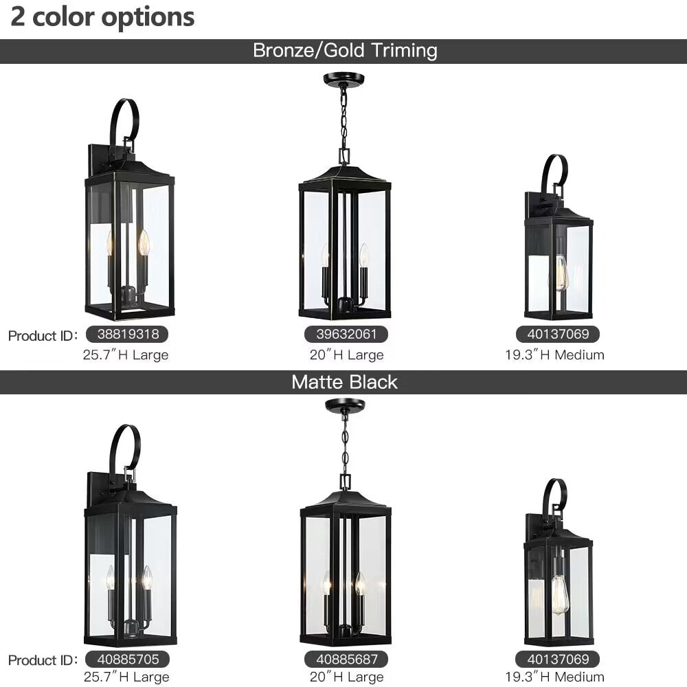 Grand luminaire suspendu d'extérieur transitionnel noir à 2 lumières avec verre transparent - 20 po de hauteur