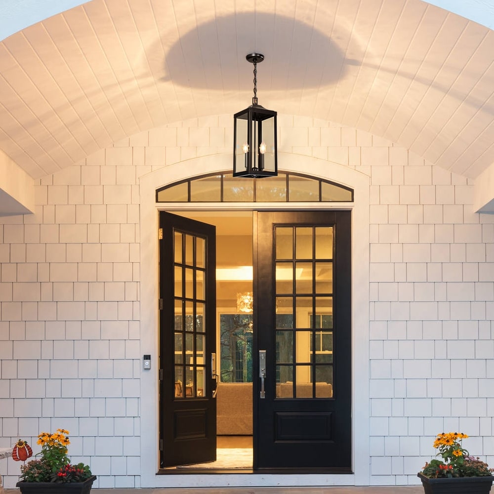 Grand luminaire suspendu d'extérieur transitionnel noir à 2 lumières avec verre transparent - 20 po de hauteur