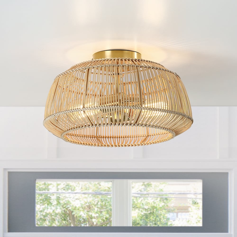 Plafonnier semi-encastré en rotin bohème à 2 lampes - Laiton