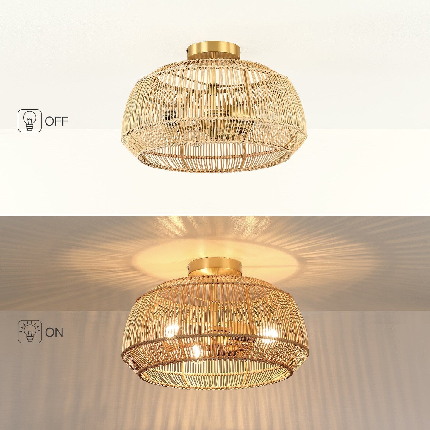 Plafonnier semi-encastré en rotin bohème à 2 lampes - Laiton