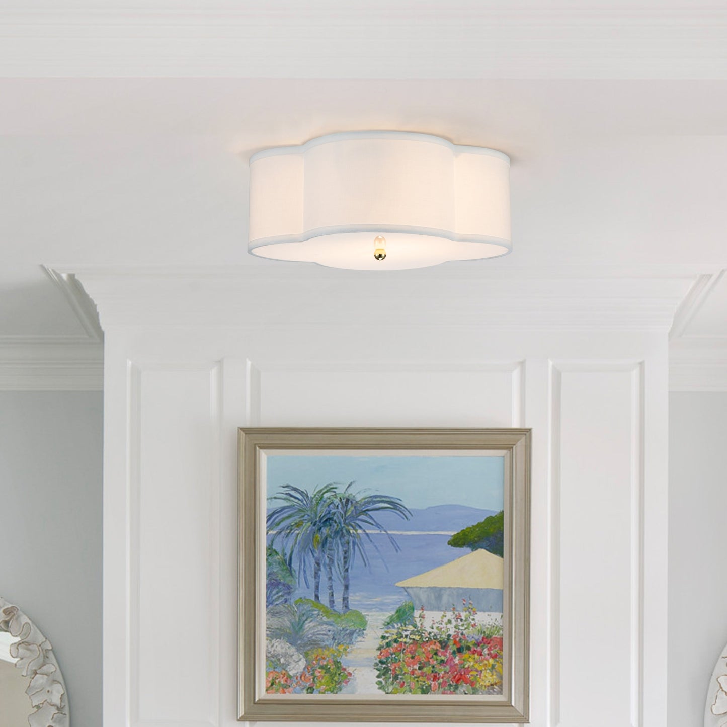 Plafonnier 2 lumières en lin blanc avec diffuseur en acrylique