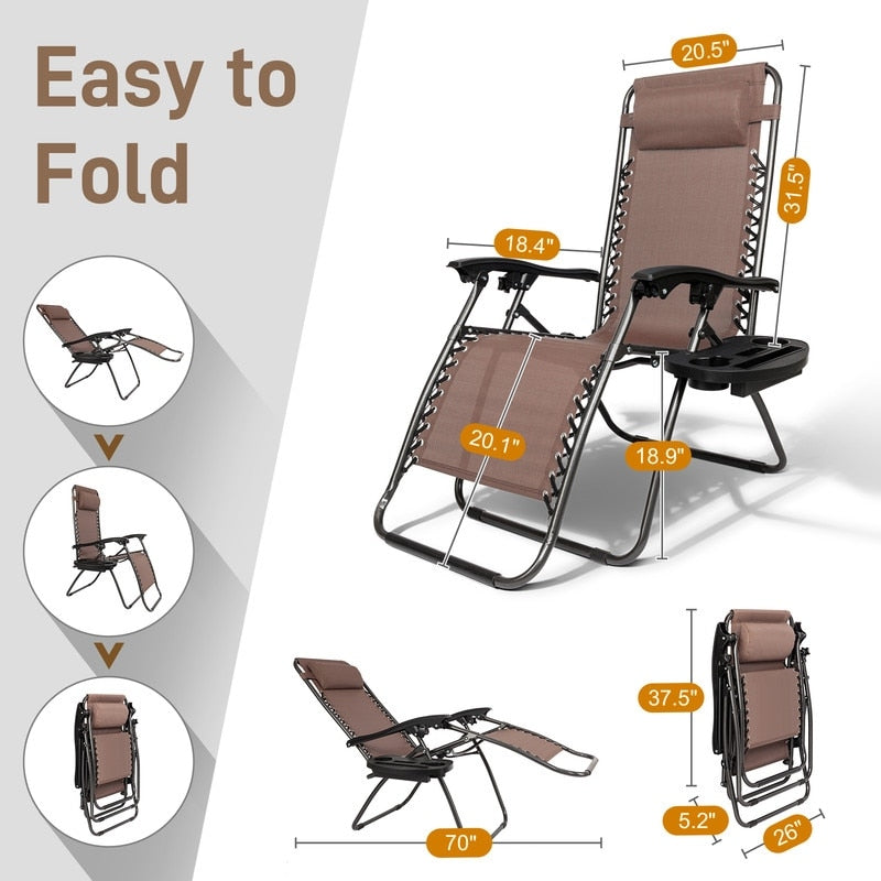 Chaise longue pliable portable à gravité zéro, 2 pièces, avec porte-gobelet
