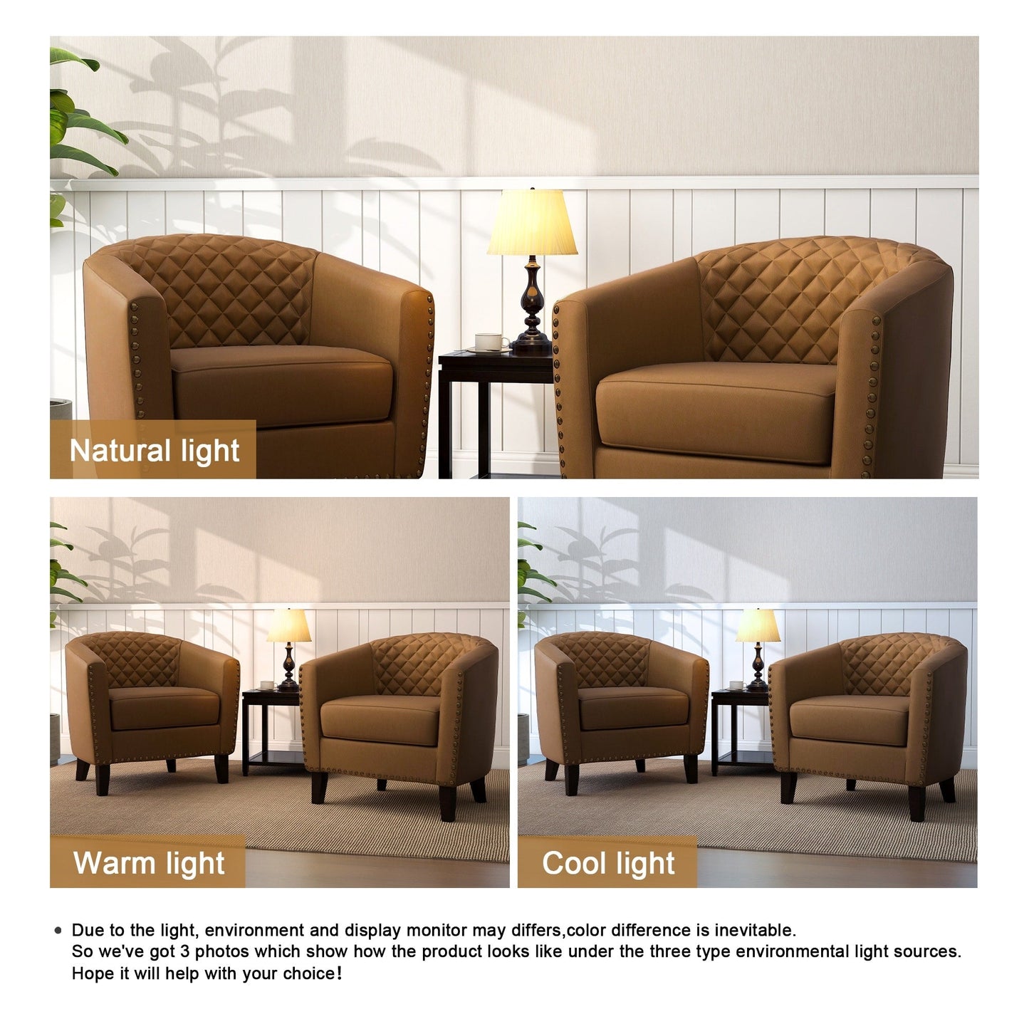 Lot de 2 chaises d'appoint tonneau en cuir vegan de 29 W avec garniture cloutée
