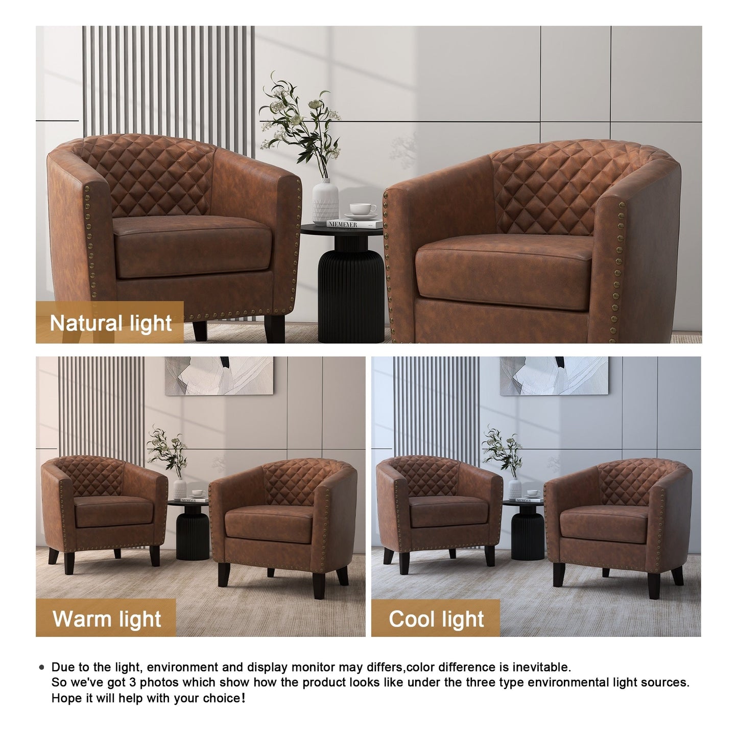 Lot de 2 chaises d'appoint tonneau en cuir vegan de 29 W avec garniture cloutée