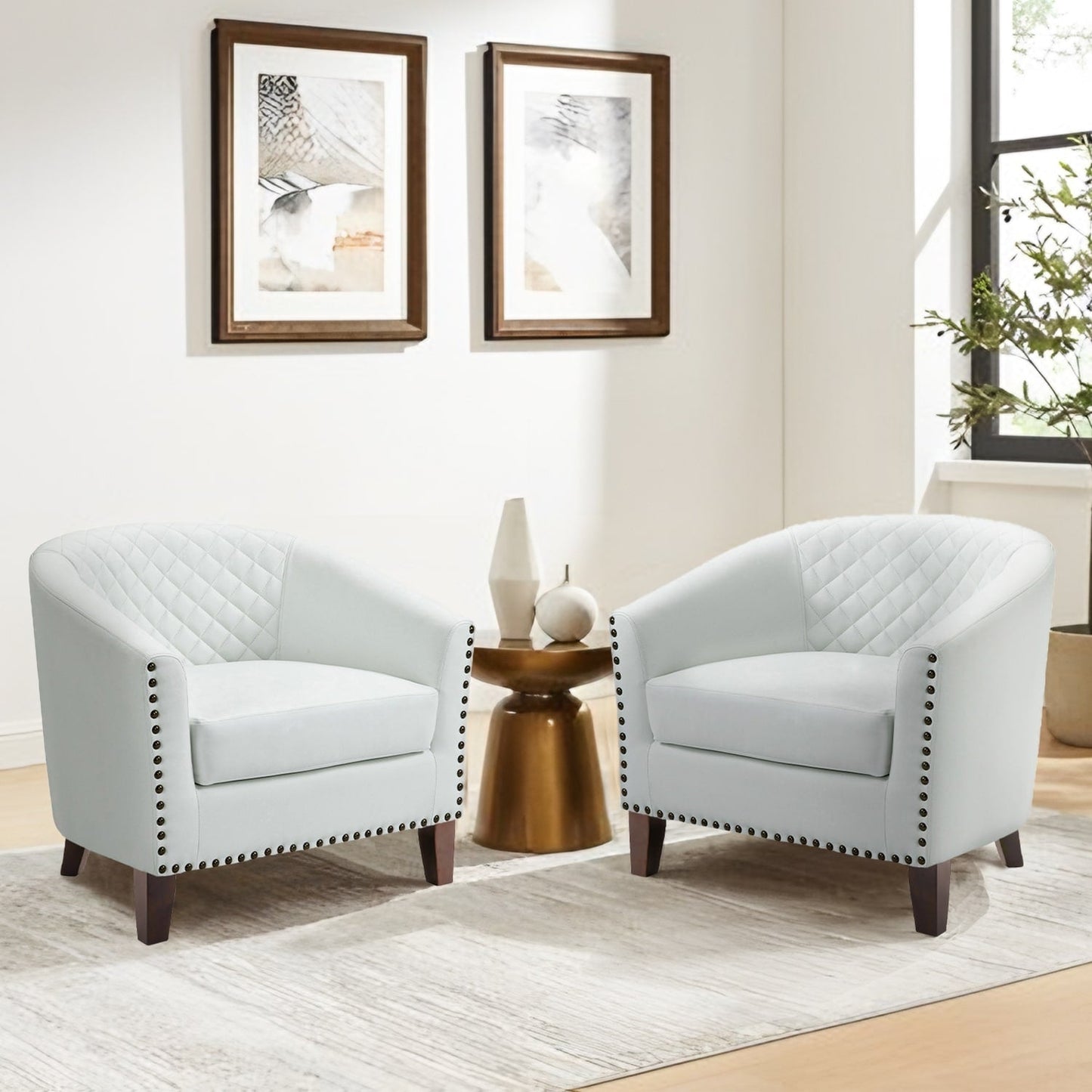 Lot de 2 chaises d'appoint tonneau en cuir vegan de 29 W avec garniture cloutée