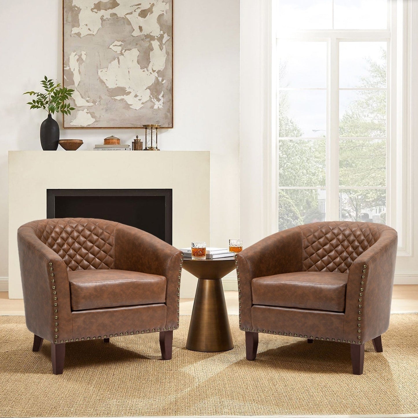 Lot de 2 chaises d'appoint tonneau en cuir vegan de 29 W avec garniture cloutée