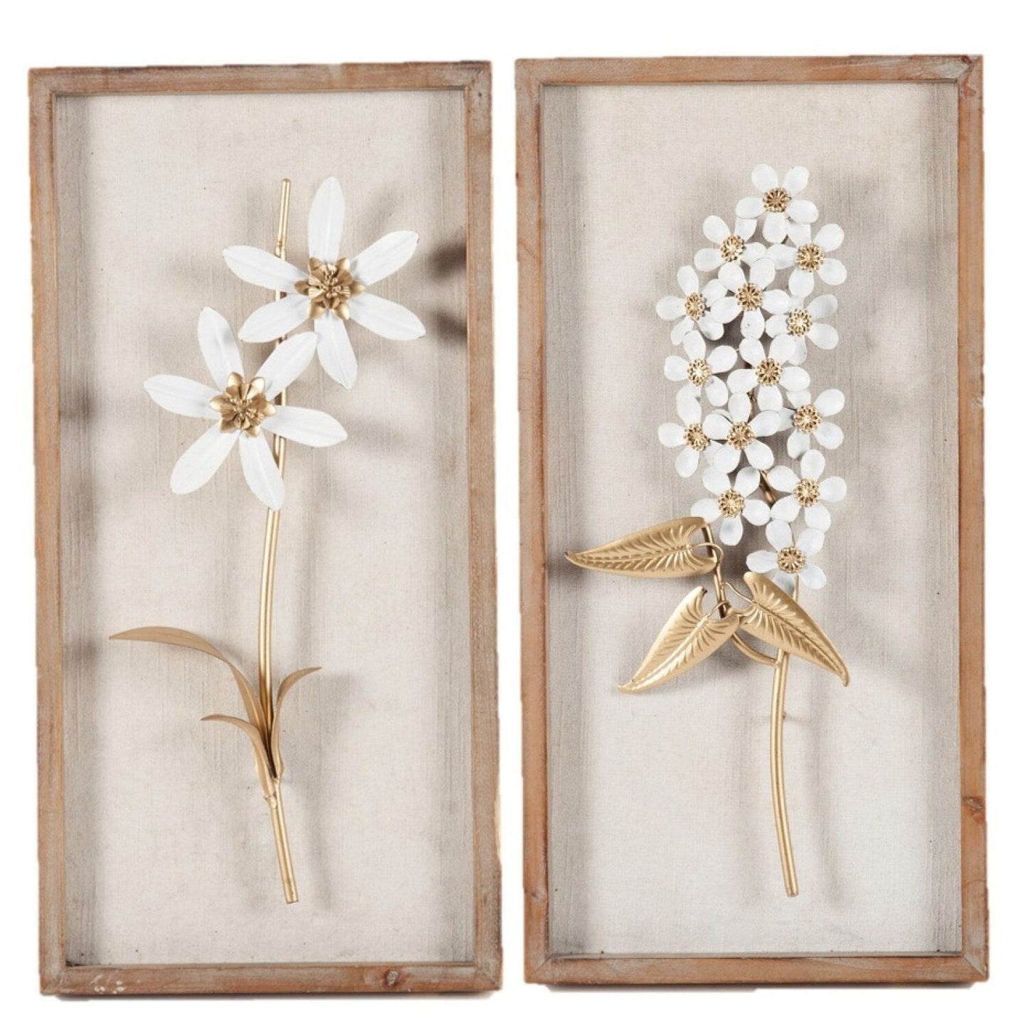Décoration murale avec cadre en bois et bouquet de fleurs en métal blanc et doré (lot de 2)