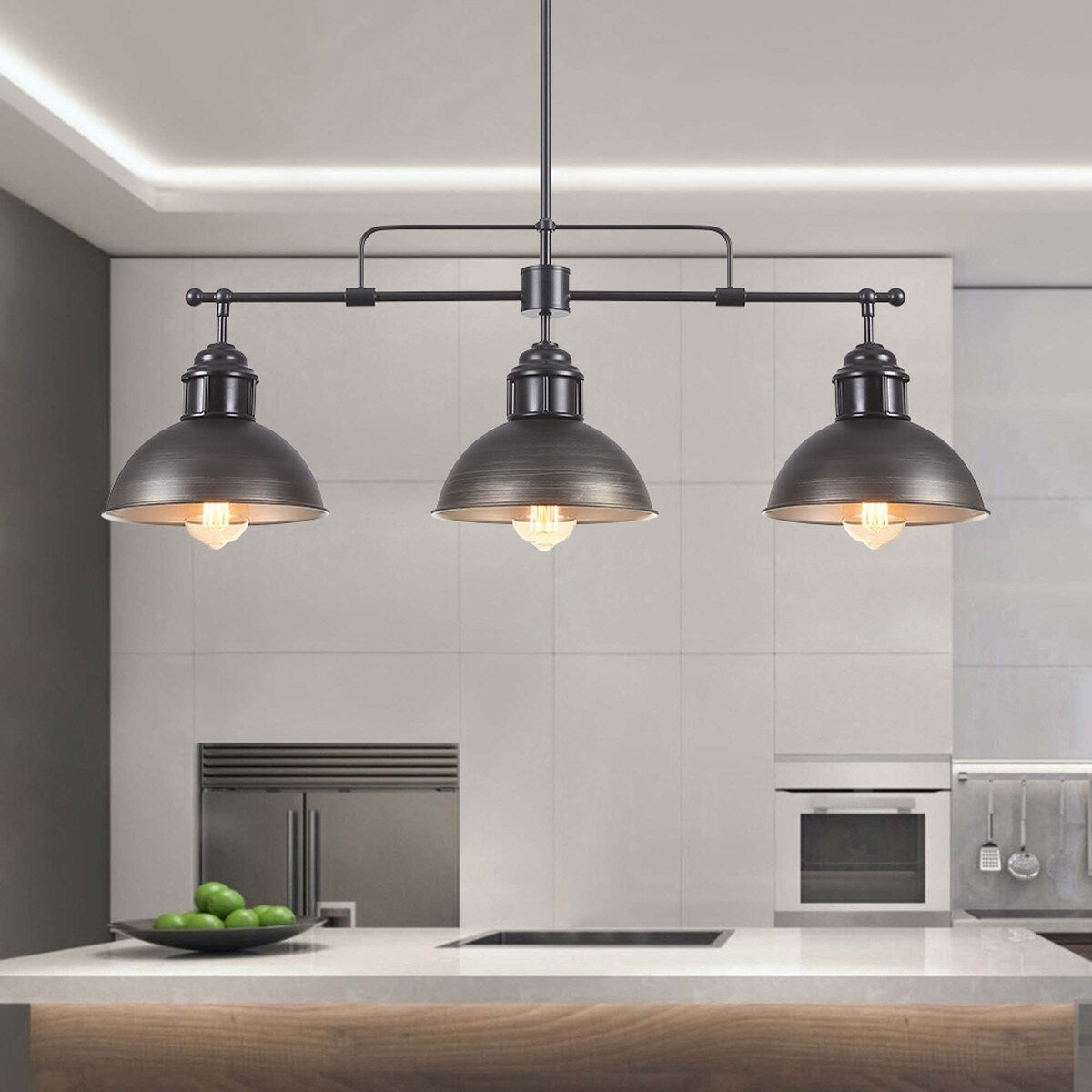 Suspension en forme de dôme de style industriel à 3 lampes, style ferme, en métal, pour îlot de cuisine linéaire, finition bronze huilé