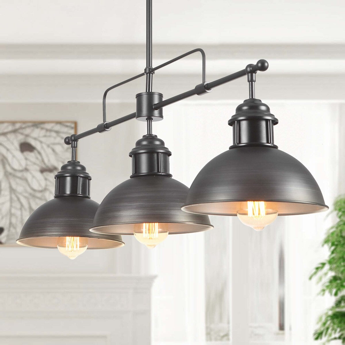 Suspension en forme de dôme de style industriel à 3 lampes, style ferme, en métal, pour îlot de cuisine linéaire, finition bronze huilé