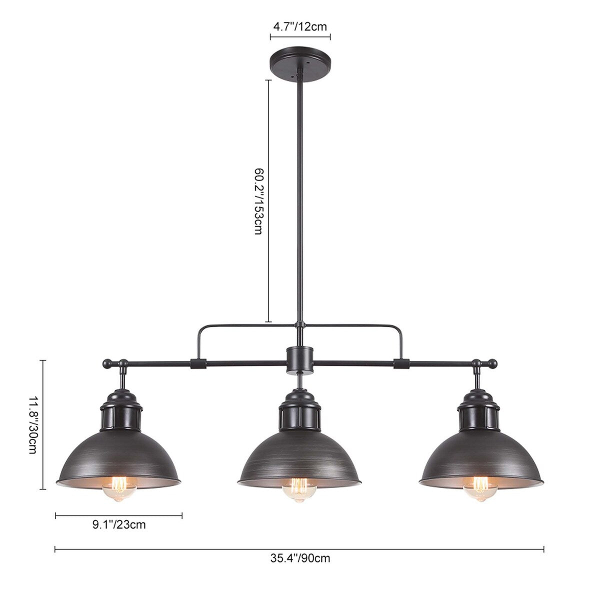 Suspension en forme de dôme de style industriel à 3 lampes, style ferme, en métal, pour îlot de cuisine linéaire, finition bronze huilé