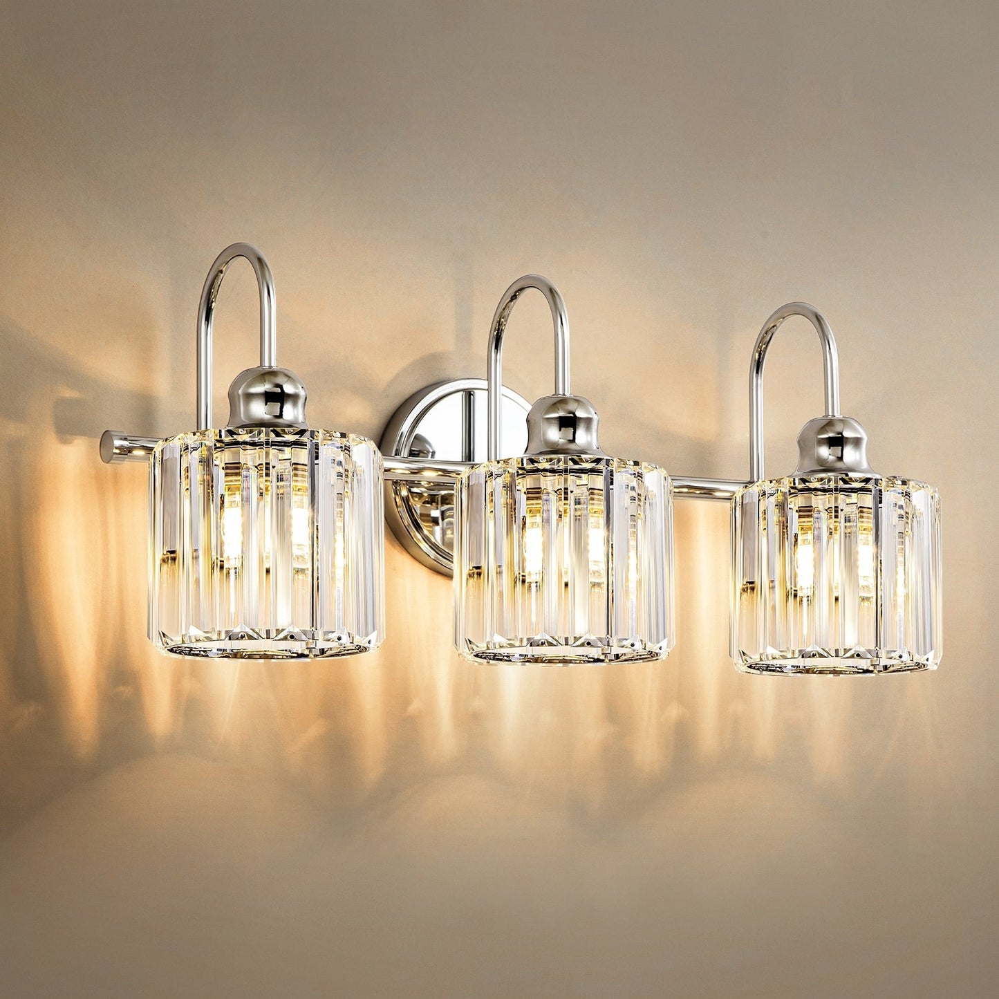 Applique murale de salle de bain moderne à 3/4 lumières, en cristal, à intensité variable, style glamour, linéaire, au-dessus du miroir