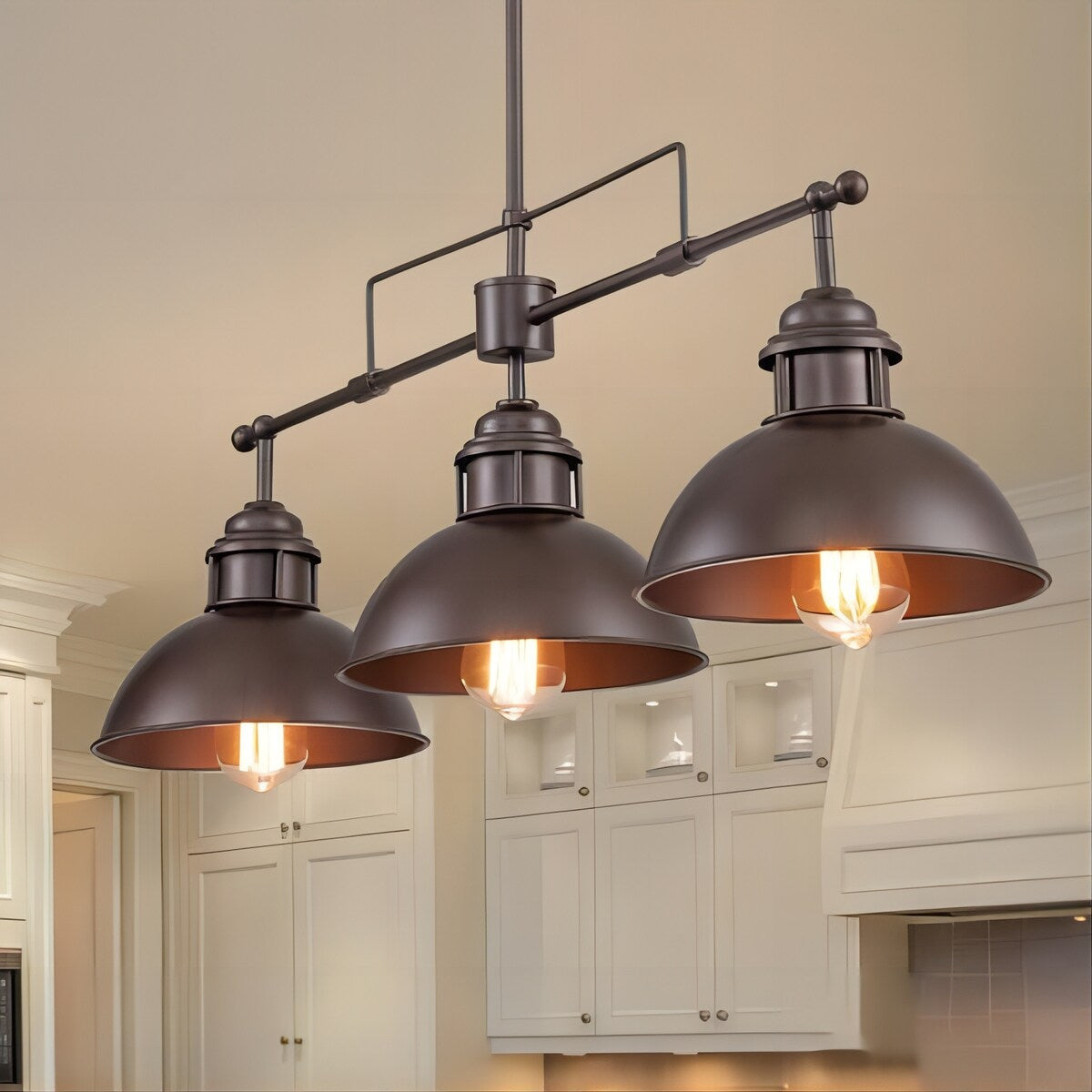 Suspension en forme de dôme de style industriel à 3 lampes, style ferme, en métal, pour îlot de cuisine linéaire, finition bronze huilé