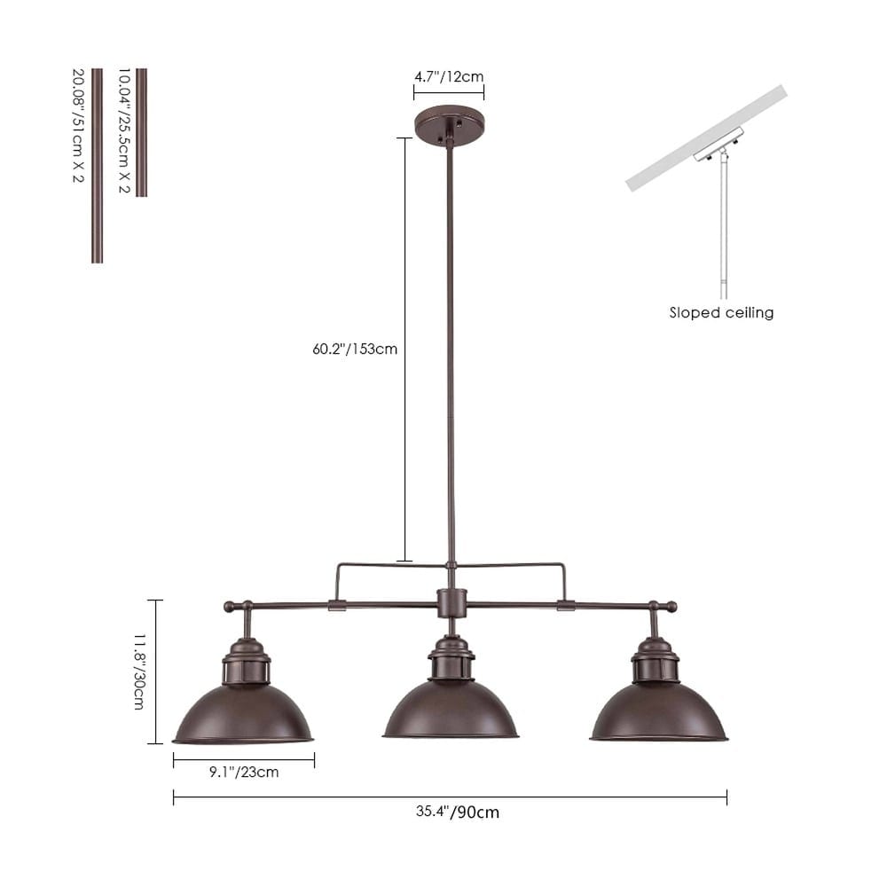 Suspension à 3 lumières en métal style campagnard rétro pour îlot de cuisine