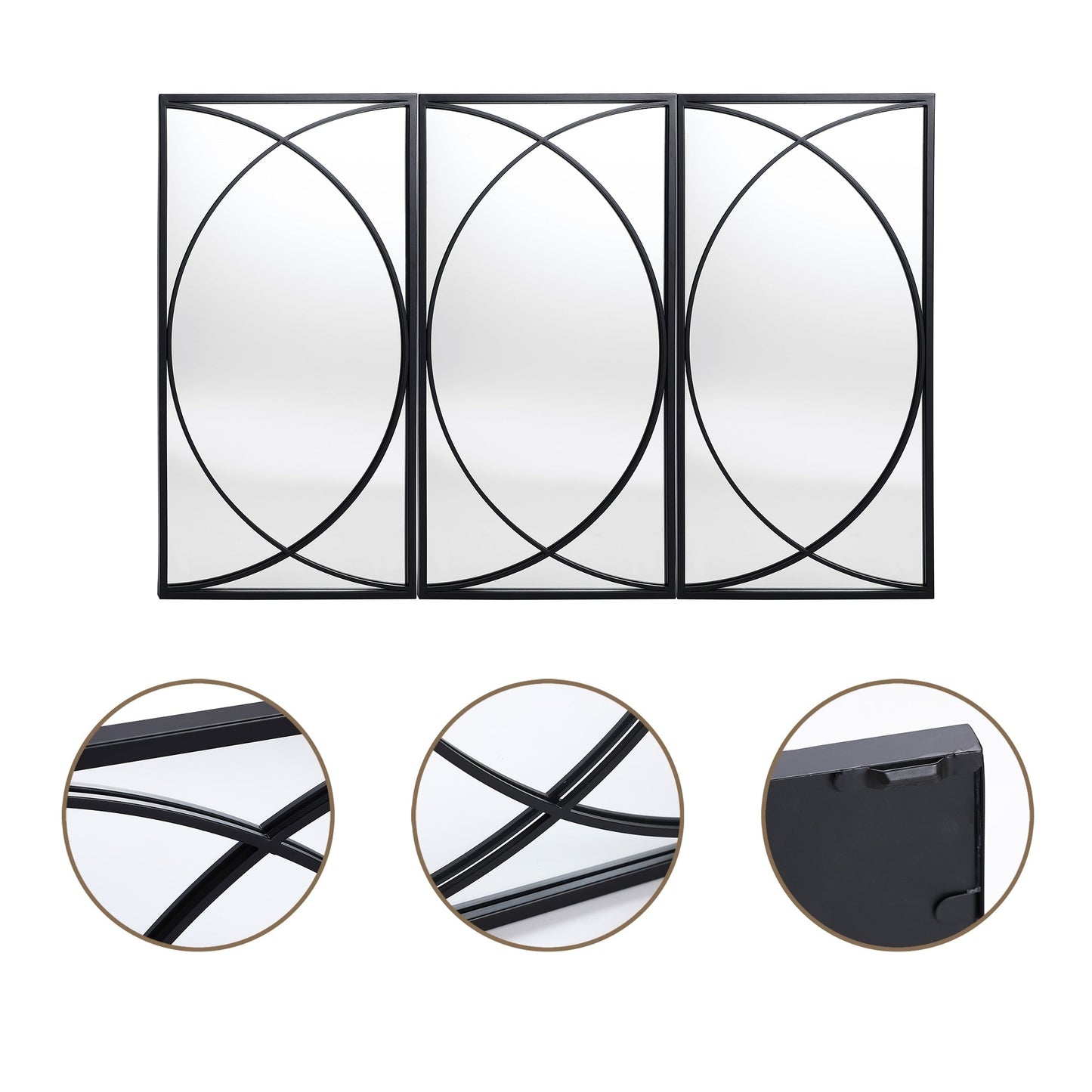 Ensemble de 3 miroirs muraux rectangulaires en métal noir - 31,9 H x 15,75 L x 0,75 P