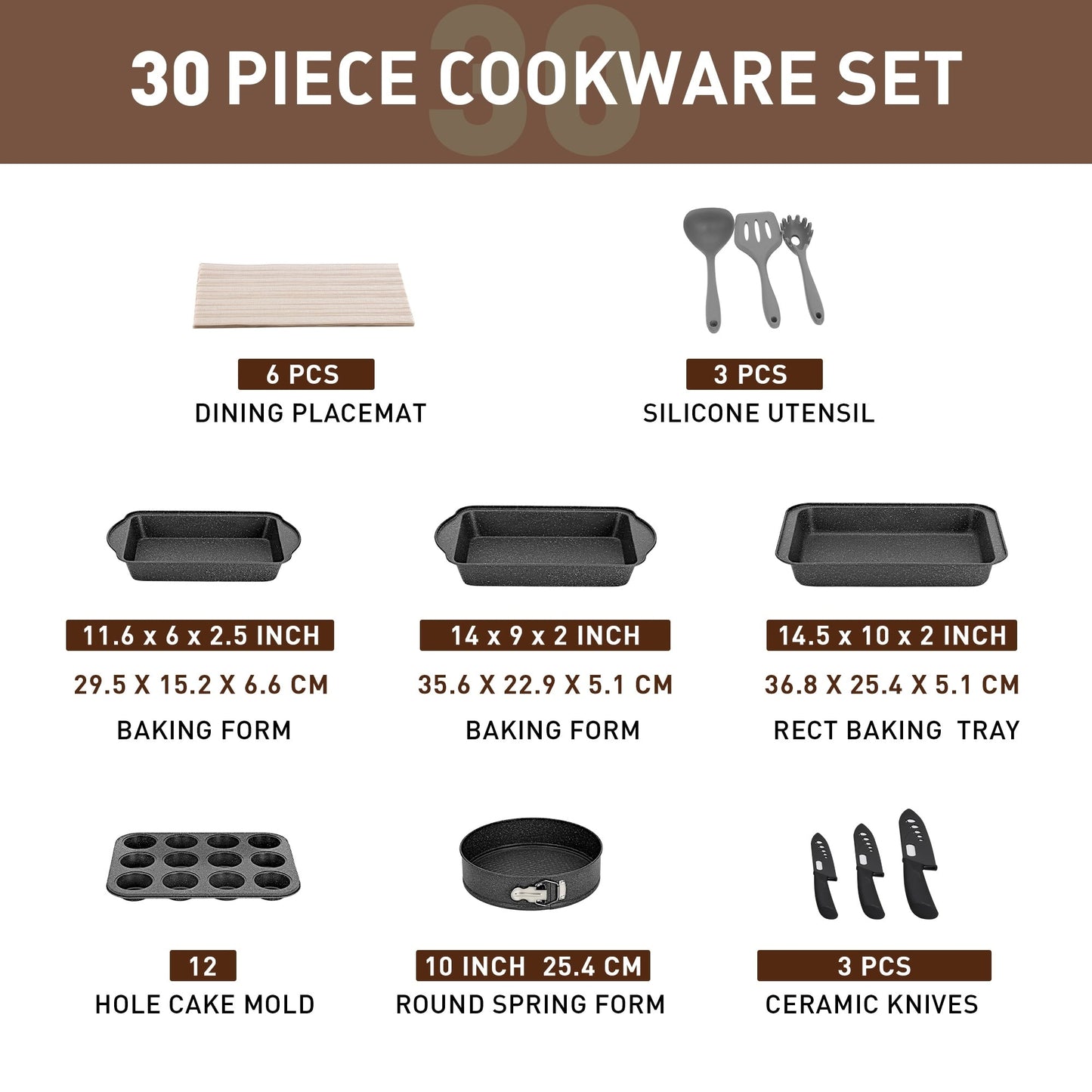 Batterie de cuisine et ustensiles de cuisson en granit de 30 pièces, ensemble de poêles de cuisson, ensemble de casseroles et poêles antiadhésives