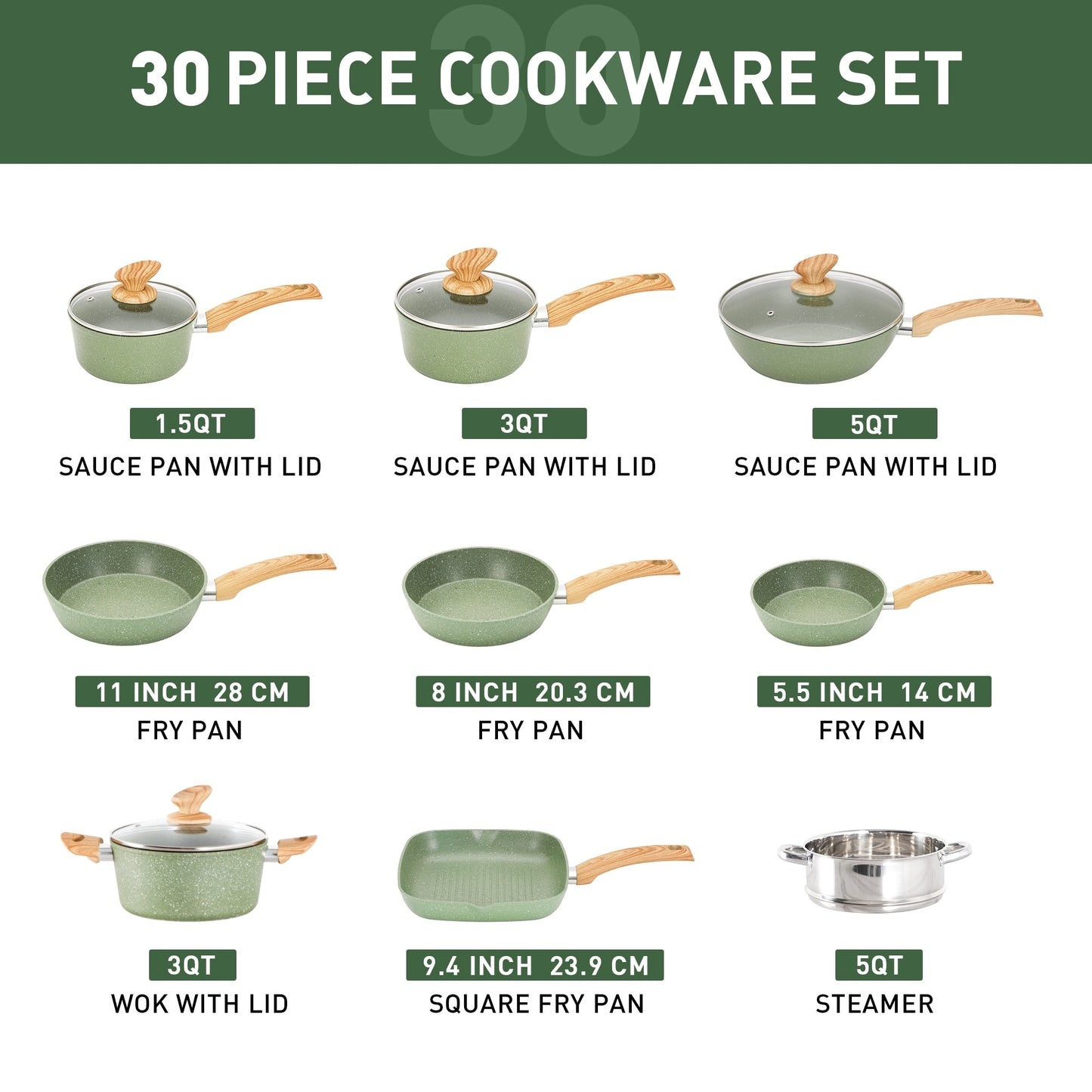 Batterie de cuisine et ustensiles de cuisson en granit de 30 pièces, ensemble de poêles de cuisson, ensemble de casseroles et poêles antiadhésives