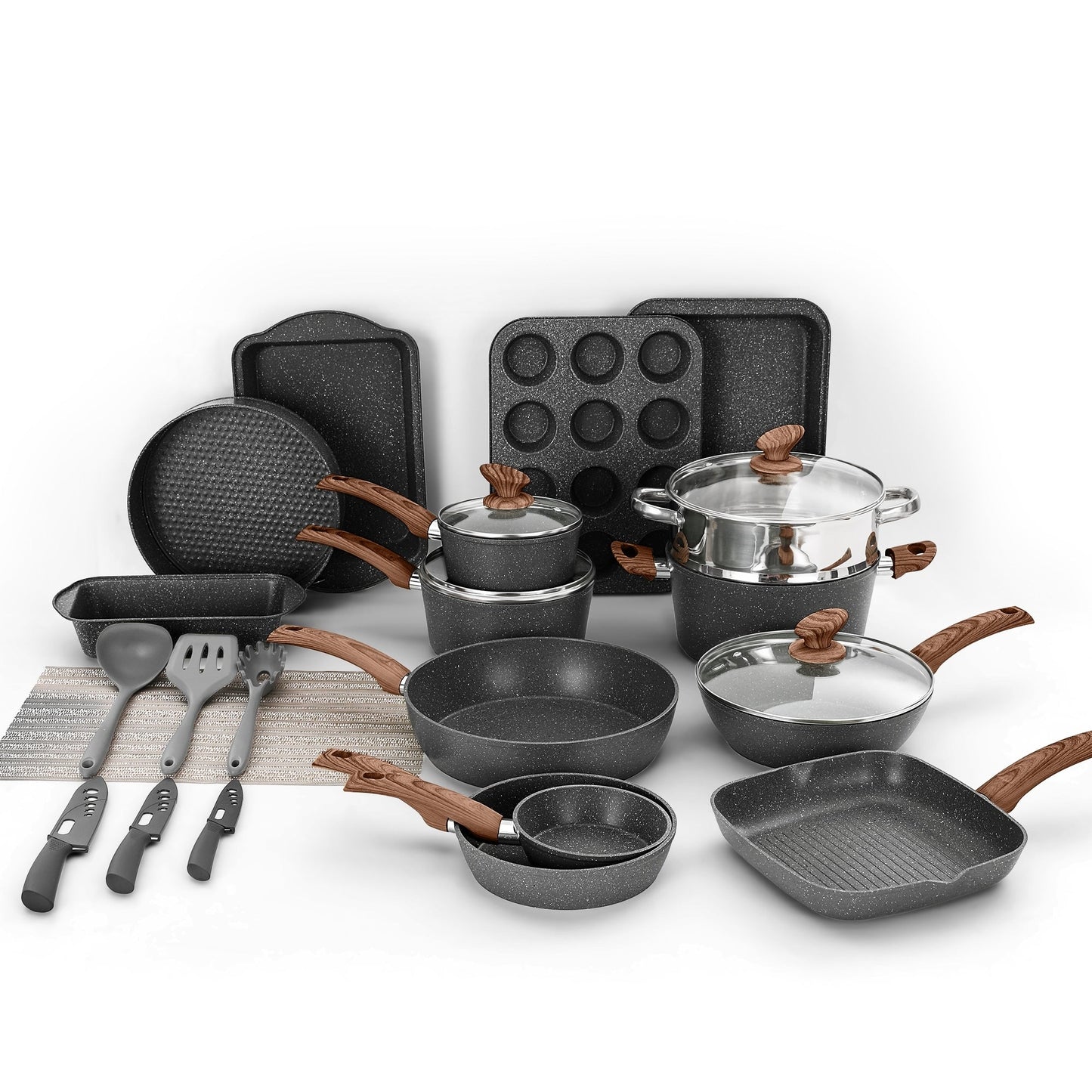 Batterie de cuisine et ustensiles de cuisson en granit de 30 pièces, ensemble de poêles de cuisson, ensemble de casseroles et poêles antiadhésives