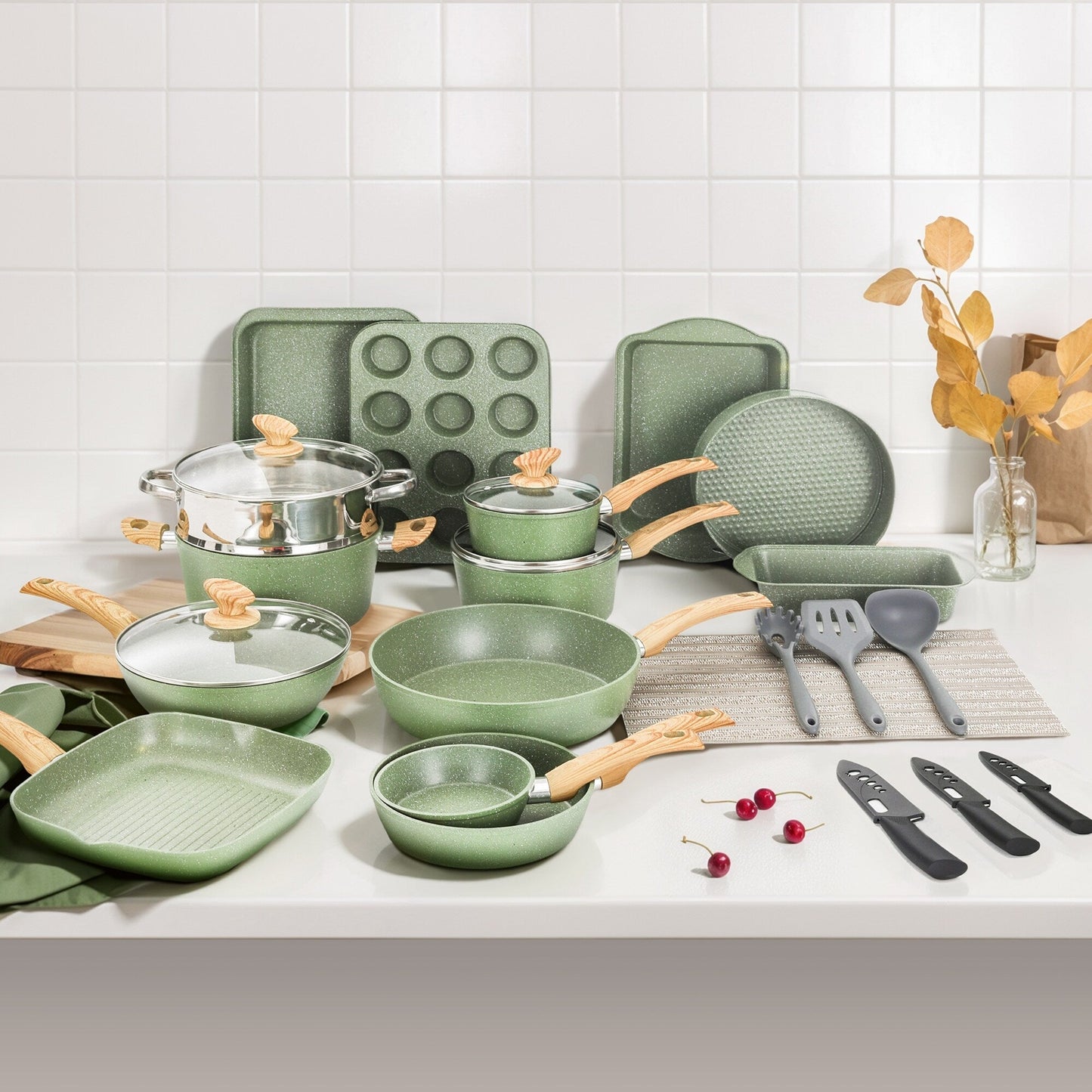 Batterie de cuisine et ustensiles de cuisson en granit de 30 pièces, ensemble de poêles de cuisson, ensemble de casseroles et poêles antiadhésives