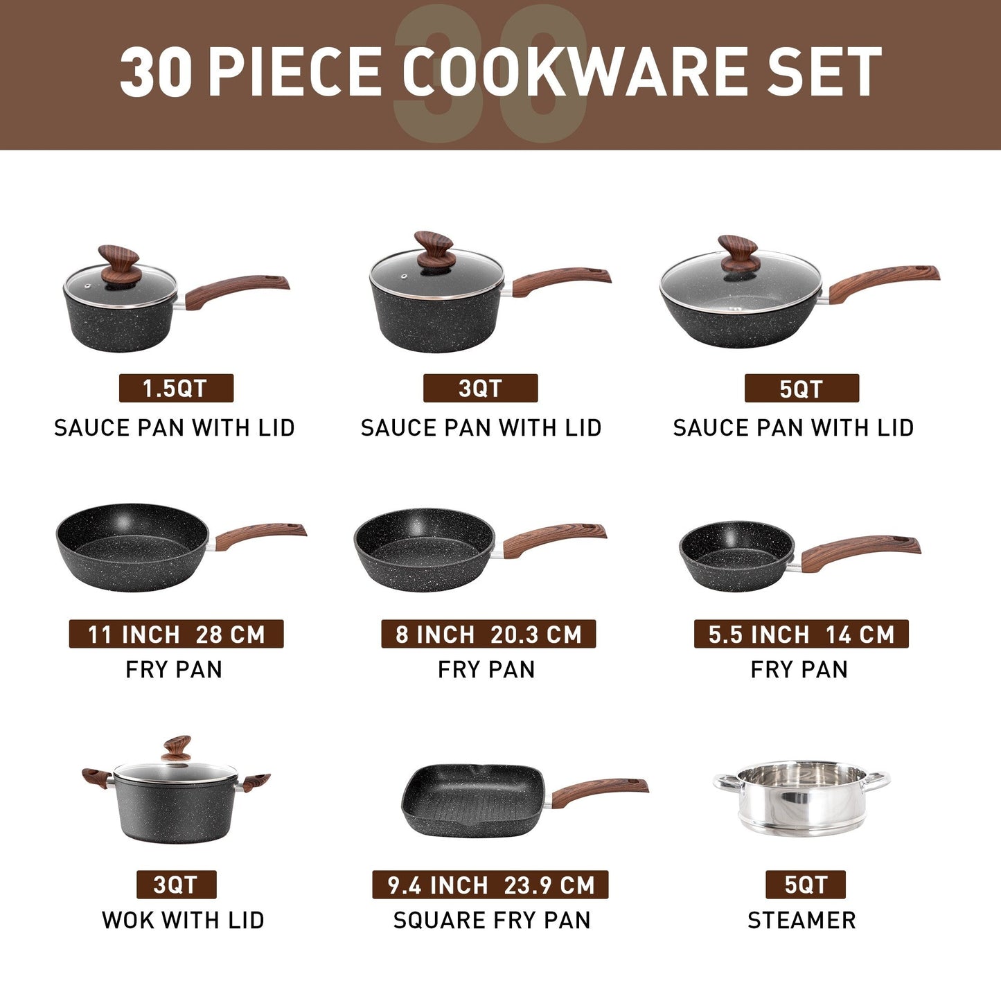 Batterie de cuisine et ustensiles de cuisson en granit de 30 pièces, ensemble de poêles de cuisson, ensemble de casseroles et poêles antiadhésives