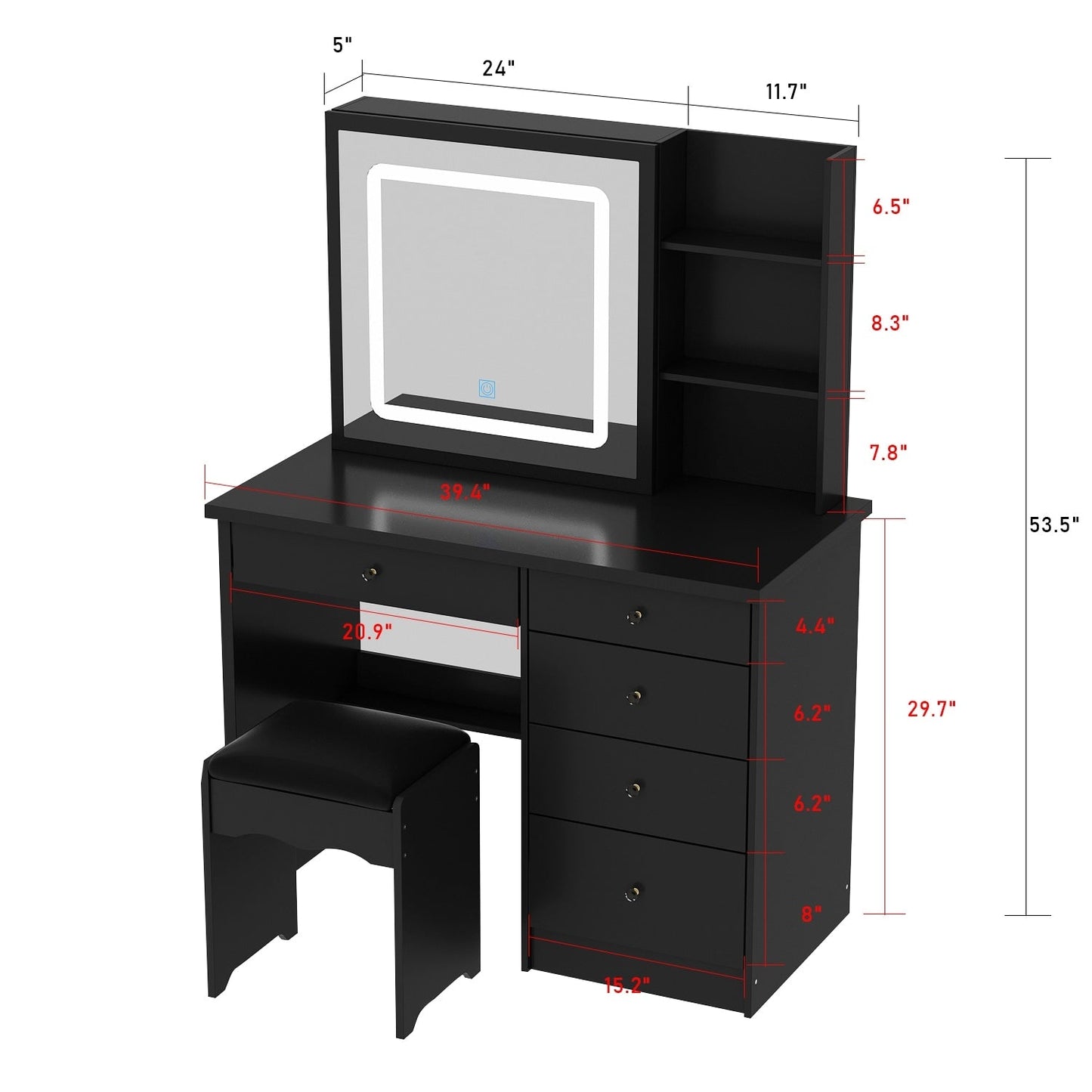 Ensemble de coiffeuse de maquillage de 39,4 po de large avec tabouret et miroir
