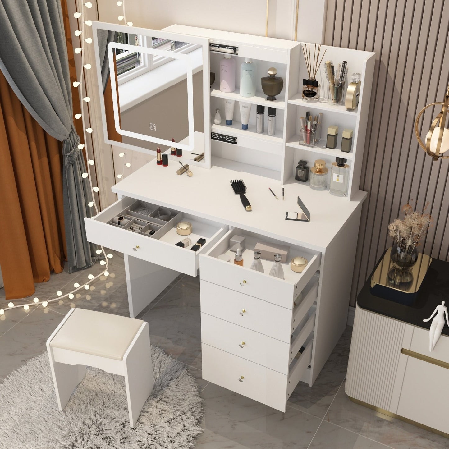 Ensemble de coiffeuse de maquillage de 39,4 po de large avec tabouret et miroir