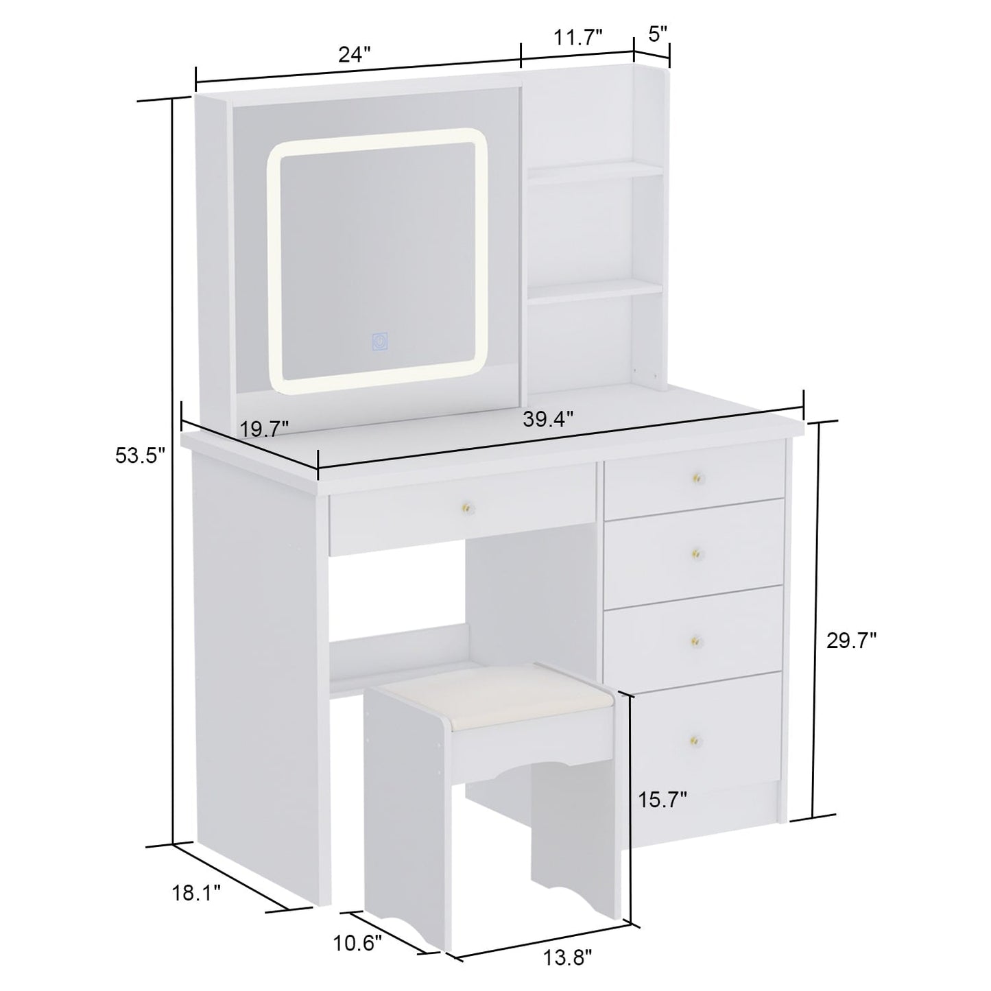 Ensemble de coiffeuse de maquillage de 39,4 po de largeur avec tabouret et miroir