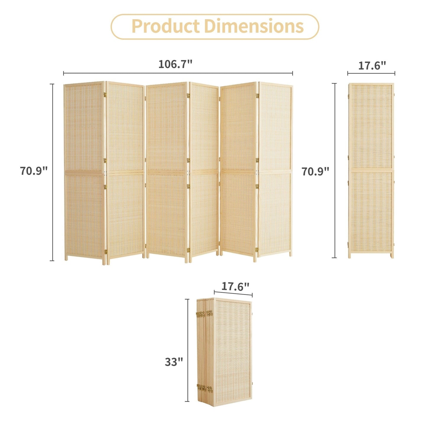 Paravent en bambou 4/6 panneaux, 1,8 m, amovible, pour séparation de pièce, écran de confidentialité pliable