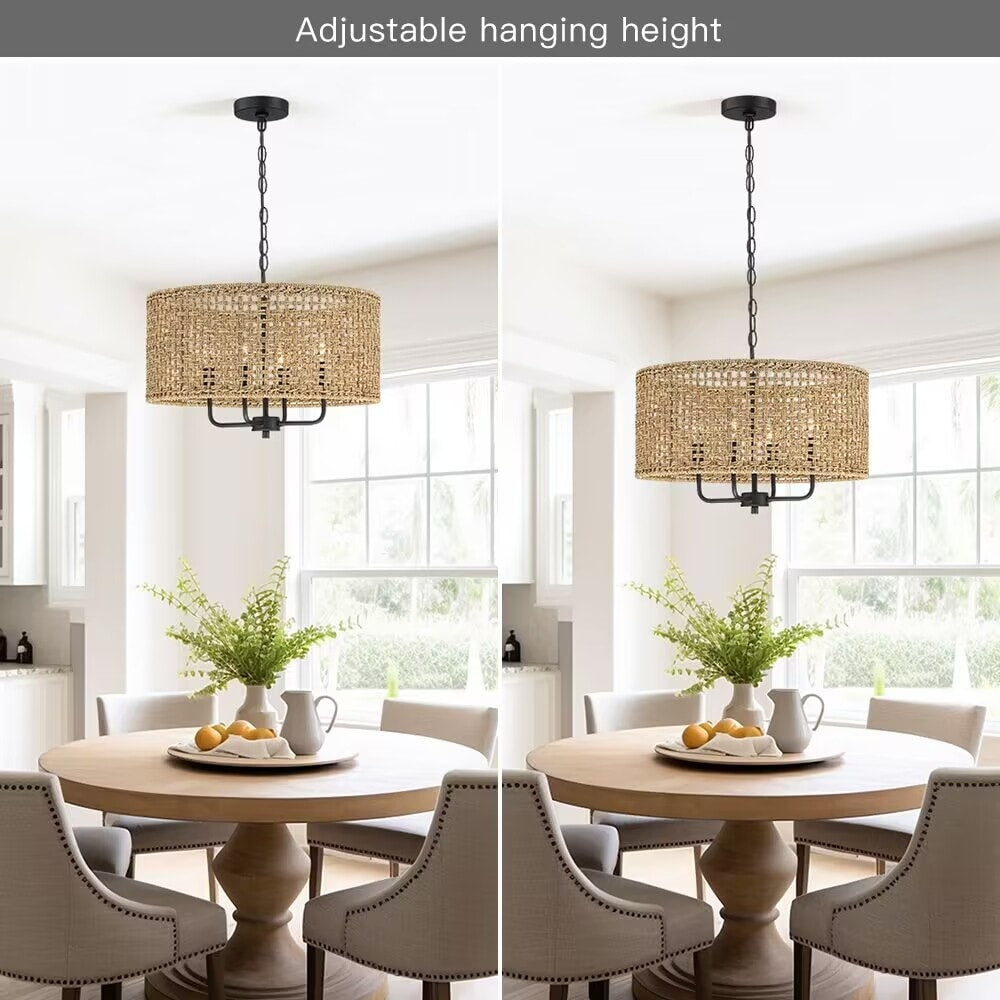 Lustre tambour bohème tissé à la main à 4 lumières - Paille - 20 po de largeur