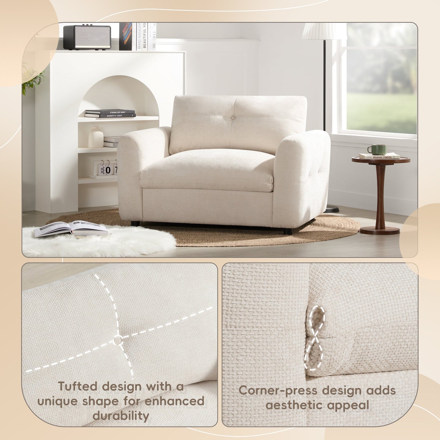 42�?Wide Seat Armchair with Dual-Port Charger and Tufted Pull-Line Design by Harper&Bright Designs