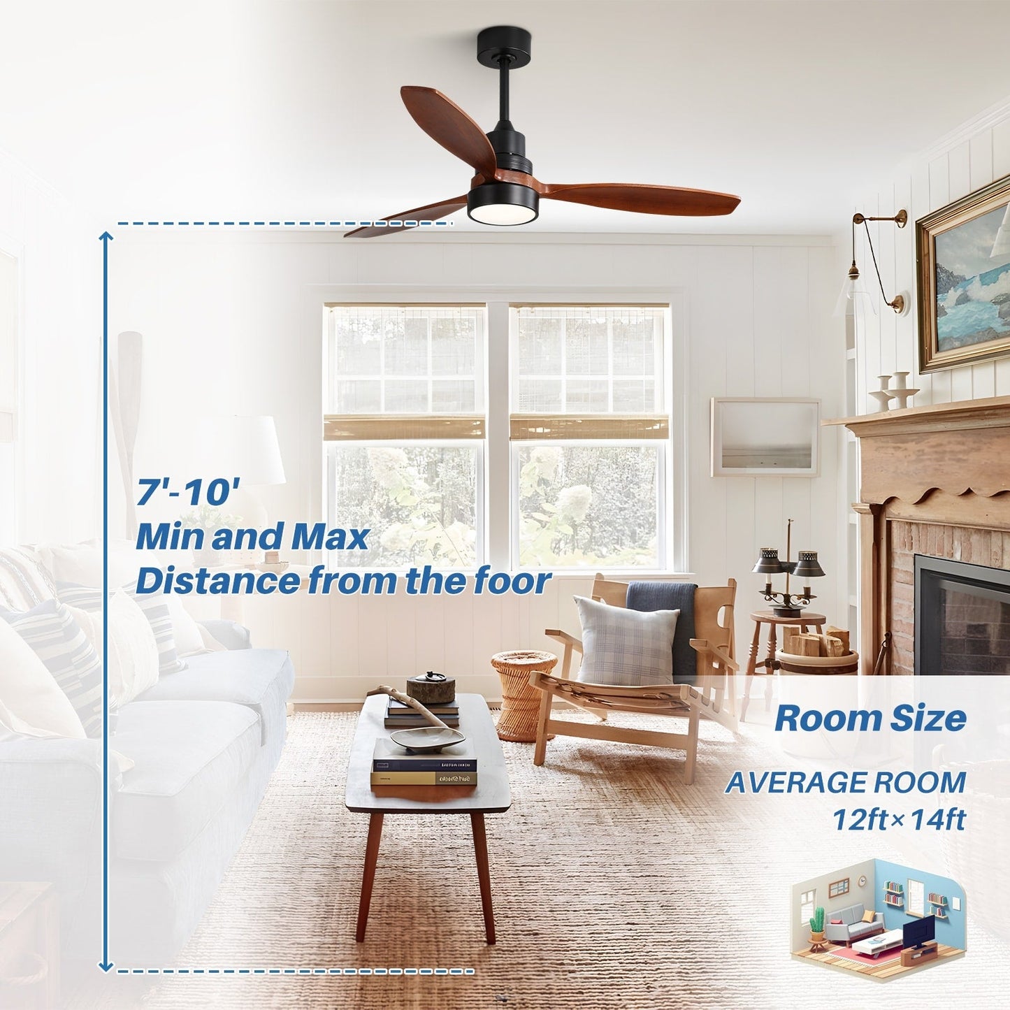 Ventilateur de plafond à LED intégré 48 et 52 pouces avec lumière et télécommande, moteur CC réversible
