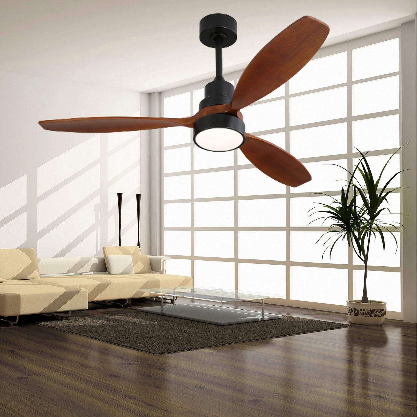 Ventilateur de plafond à LED intégré 48 et 52 pouces avec lumière et télécommande, moteur CC réversible