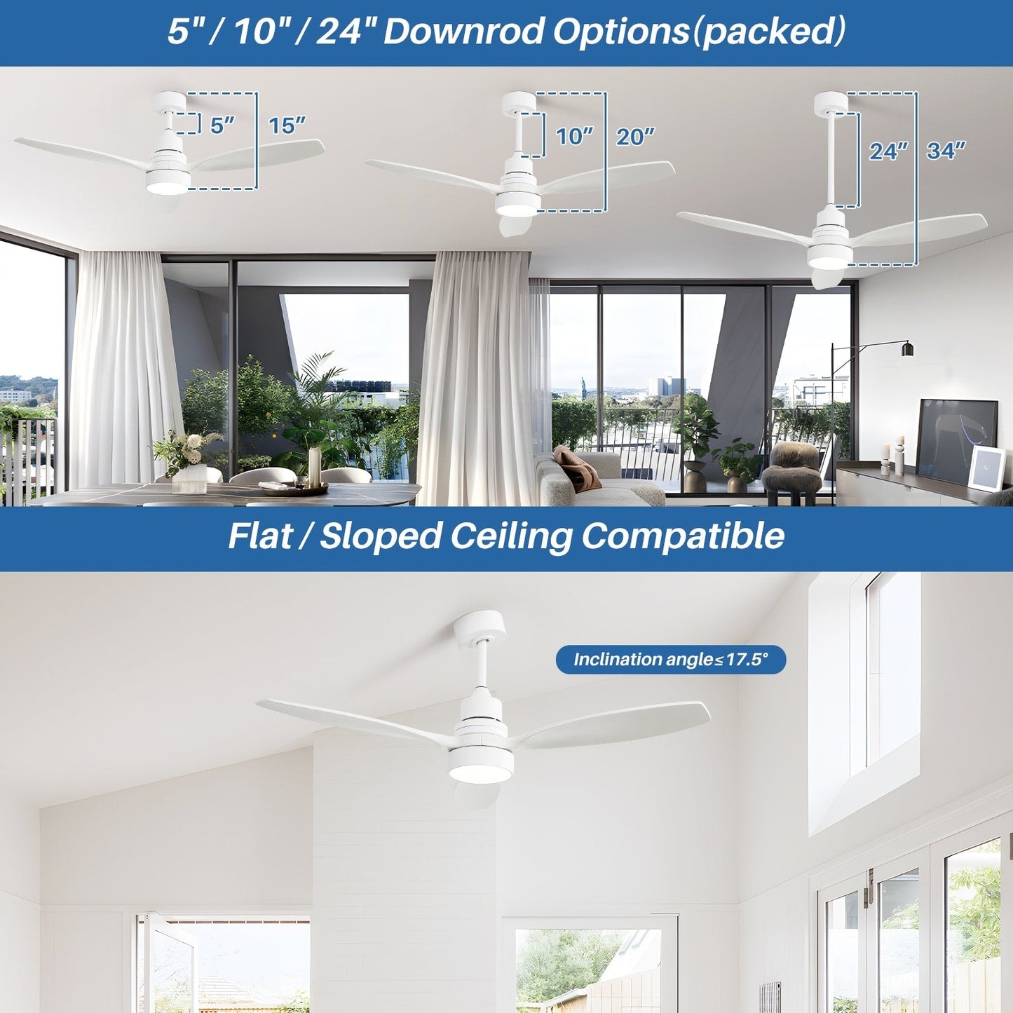 Ventilateur de plafond à LED intégré 48 et 52 pouces avec lumière et télécommande, moteur CC réversible