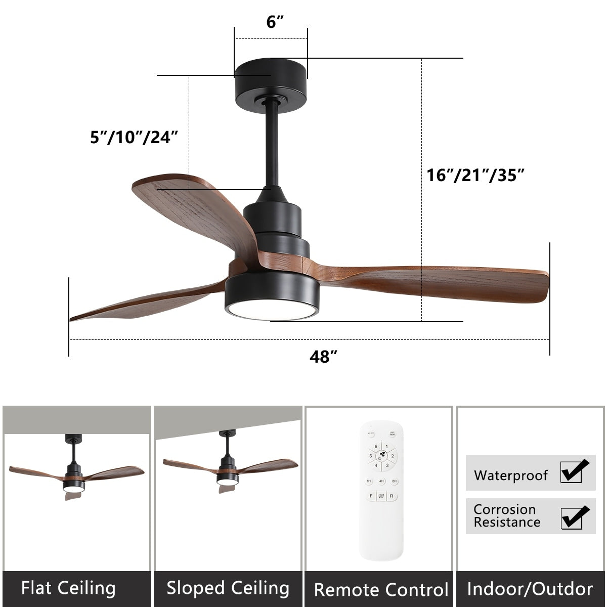 Ventilateur de plafond à LED intégré 48 et 52 pouces avec lumière et télécommande, moteur CC réversible
