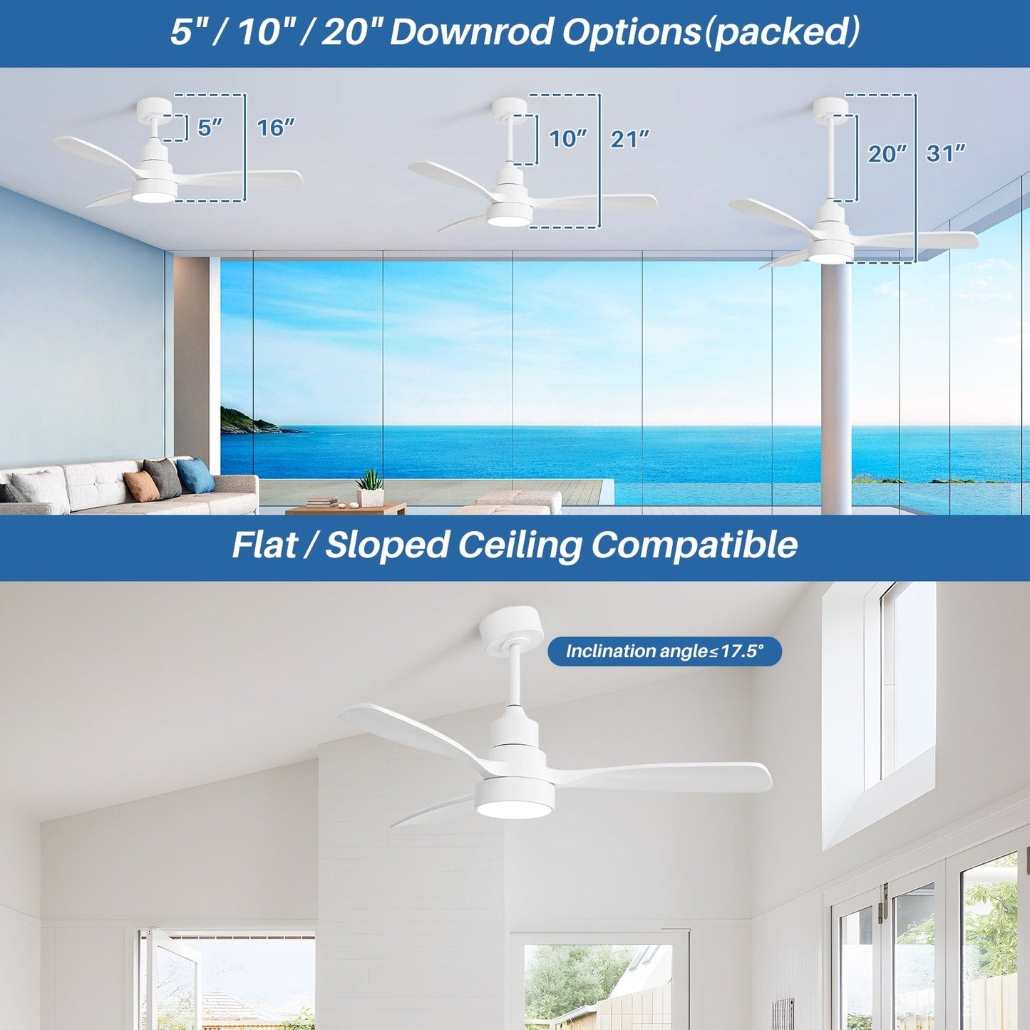 Ventilateur de plafond à LED intégré 48 et 52 pouces avec lumière et télécommande, moteur CC réversible