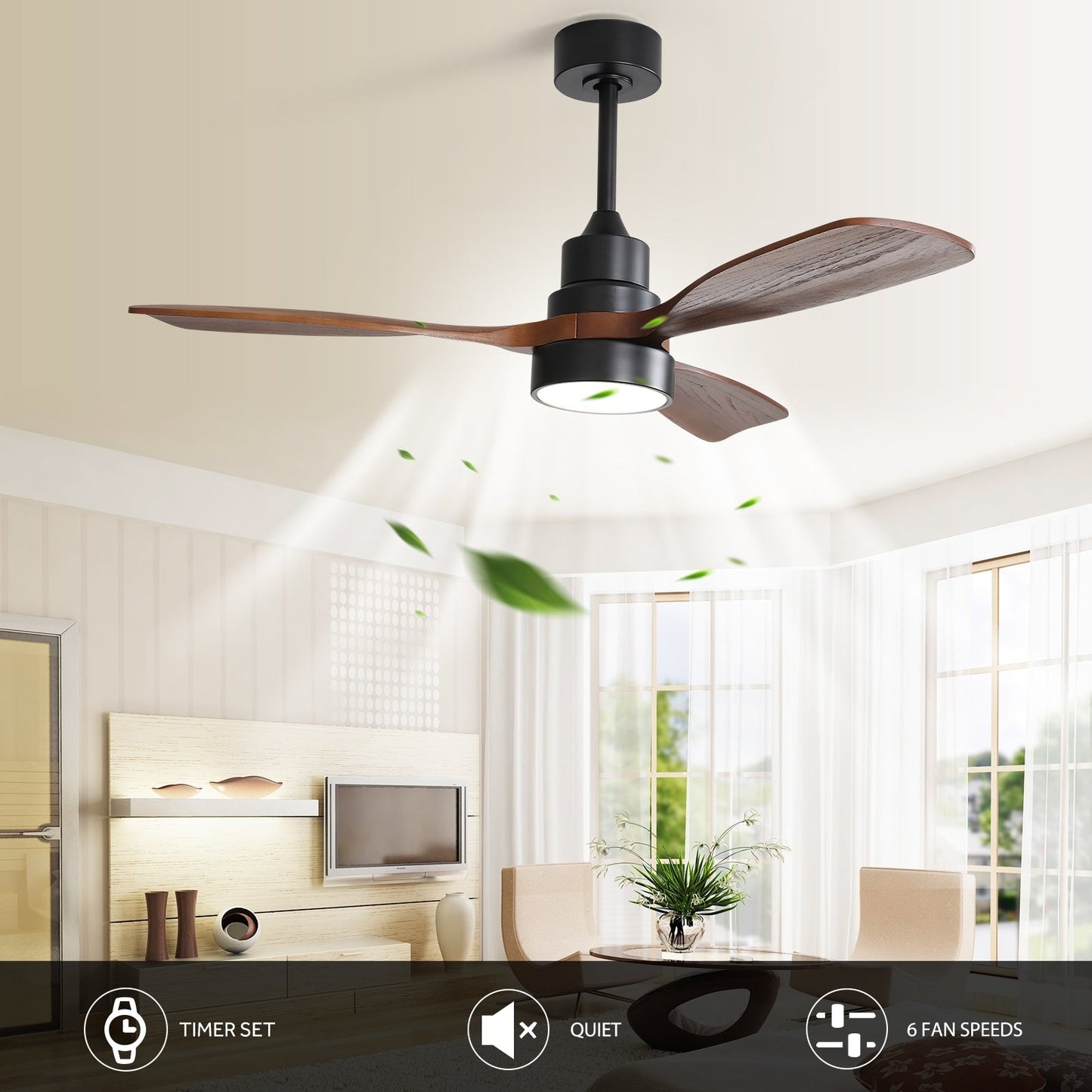 Ventilateur de plafond à LED intégré 48 et 52 pouces avec lumière et télécommande, moteur CC réversible