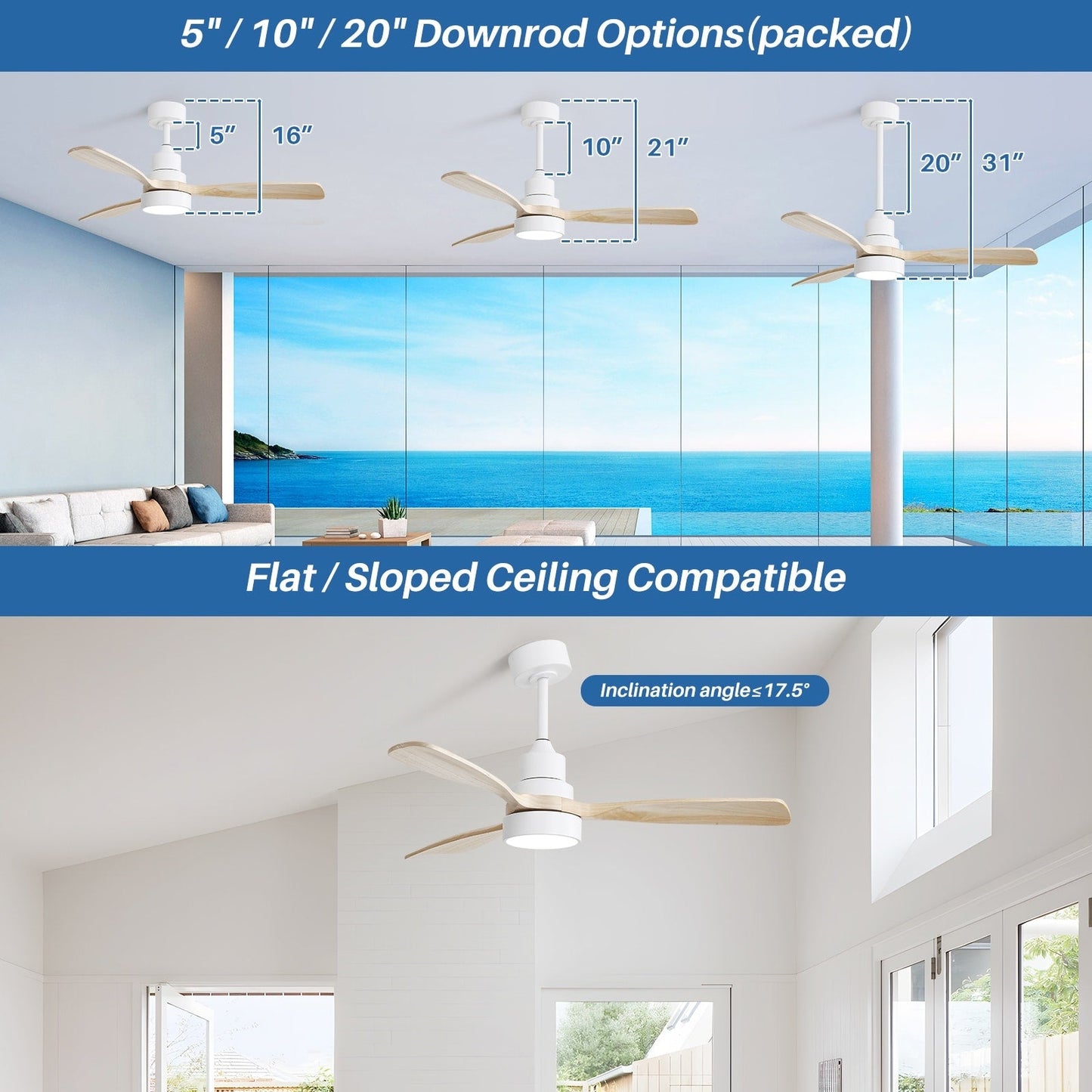 Ventilateur de plafond à LED intégré 48 et 52 pouces avec lumière et télécommande, moteur CC réversible