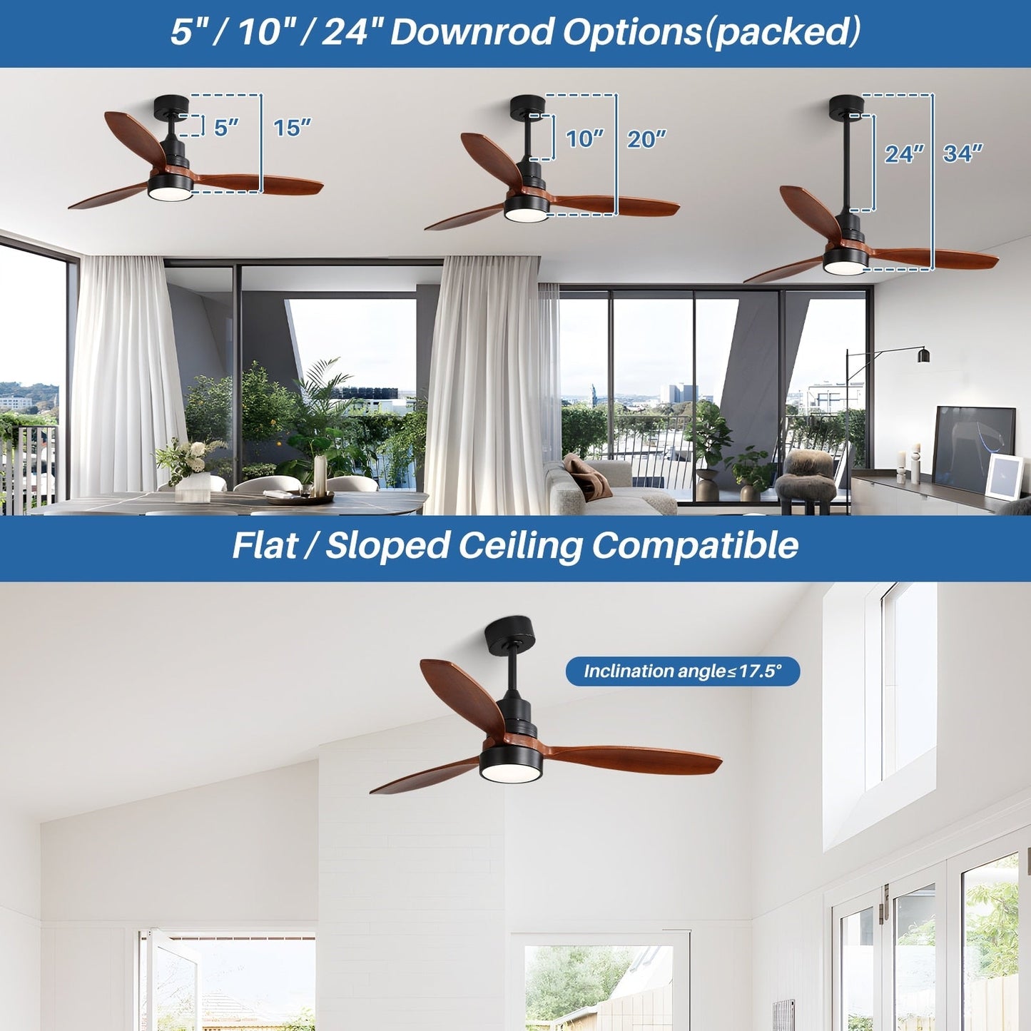 Ventilateur de plafond à LED intégré 48 et 52 pouces avec lumière et télécommande, moteur CC réversible