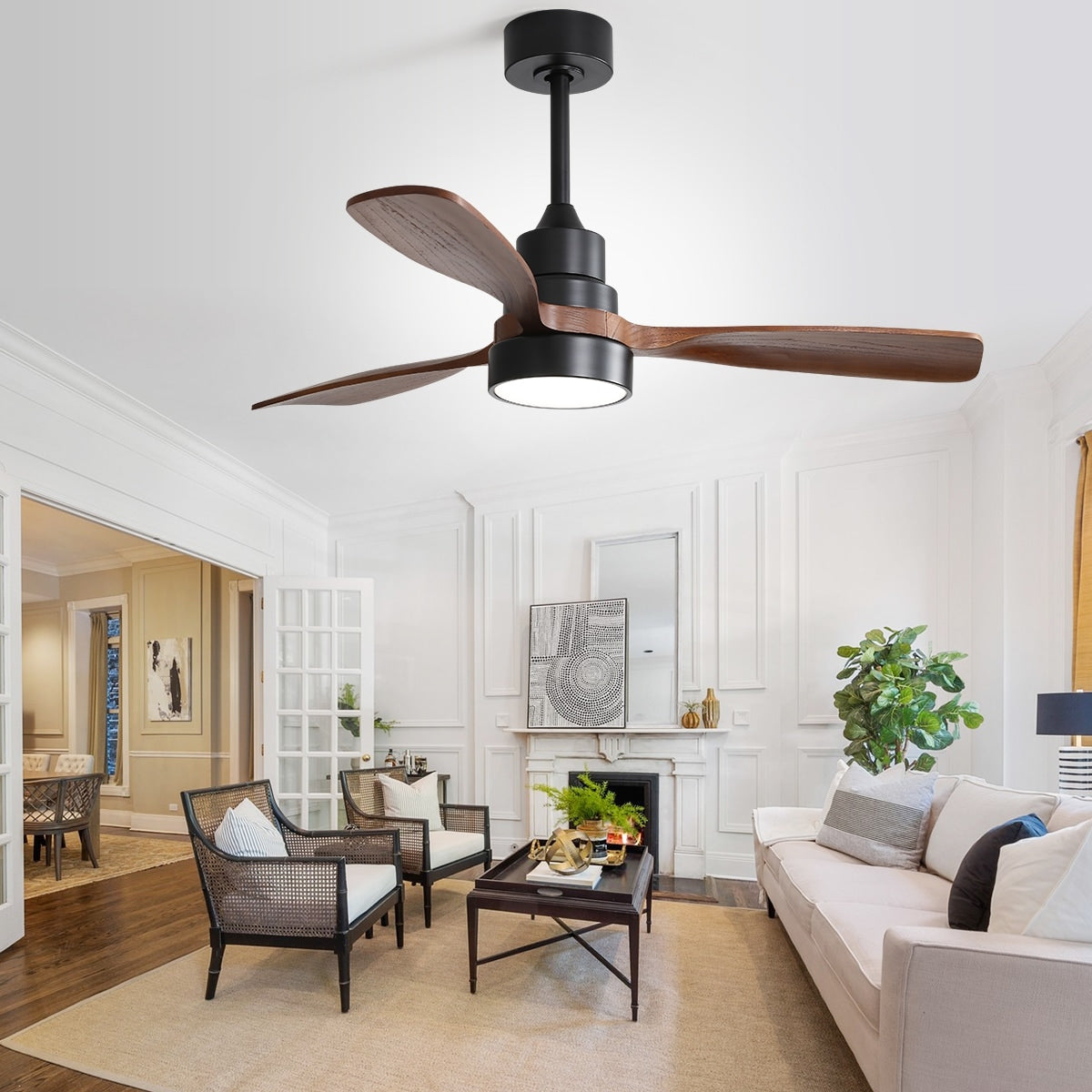 Ventilateur de plafond à LED intégré 48 et 52 pouces avec lumière et télécommande, moteur CC réversible