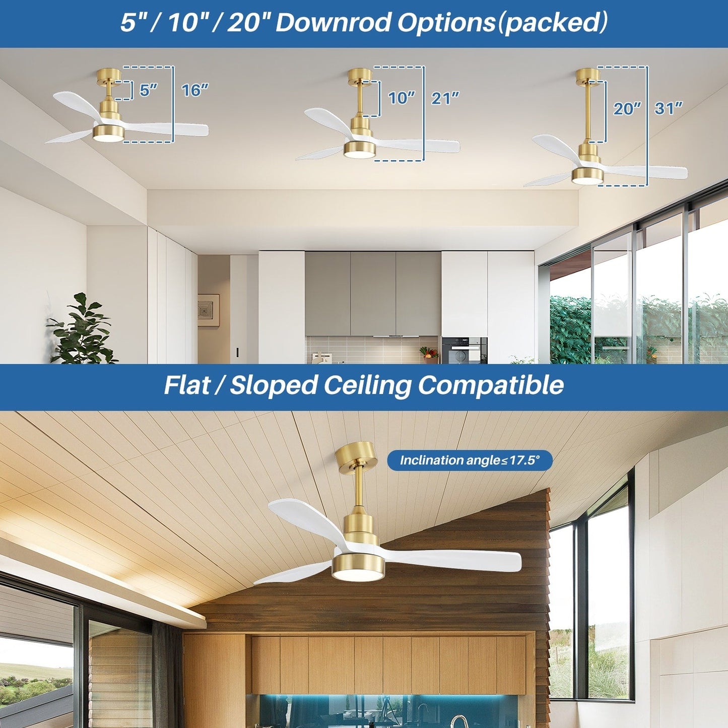 Ventilateur de plafond à LED intégré 48 et 52 pouces avec lumière et télécommande, moteur CC réversible